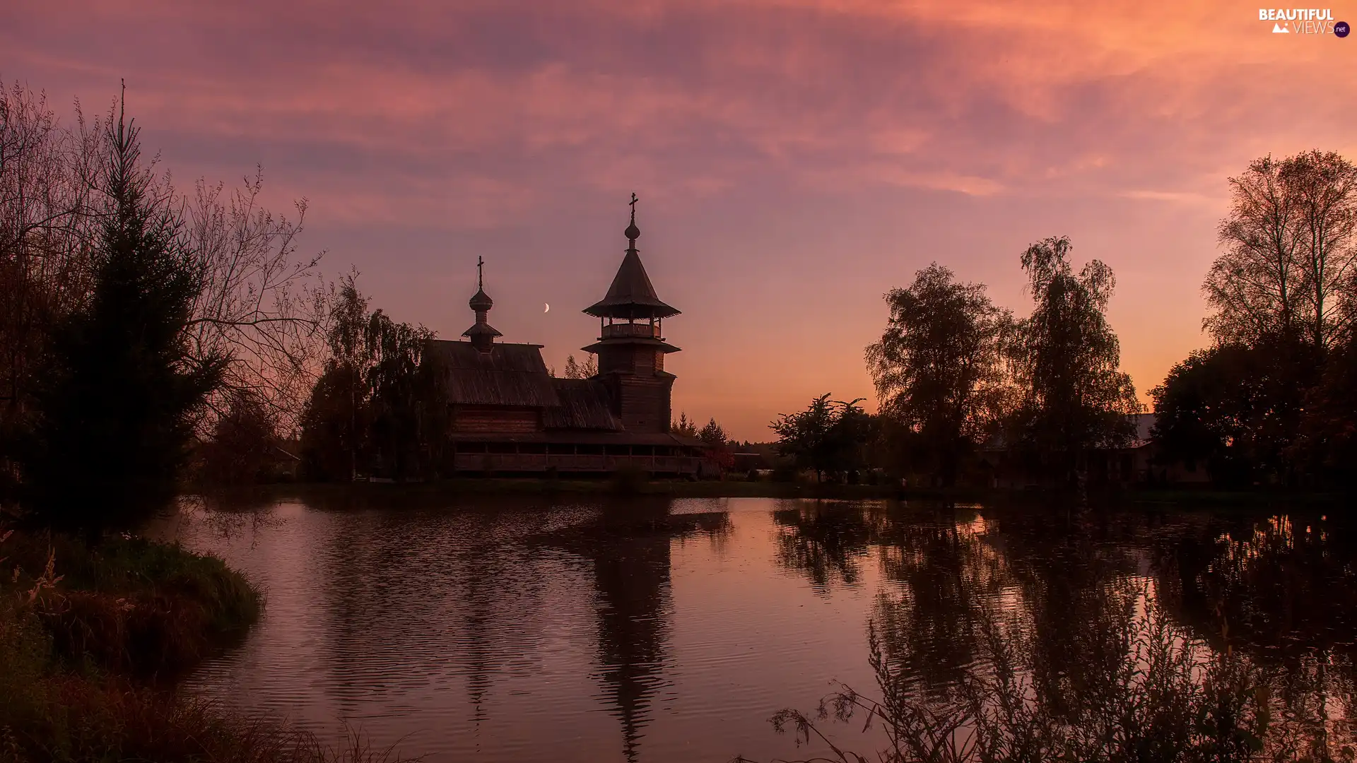 reflection, Cerkiew, viewes, Great Sunsets, trees, lake