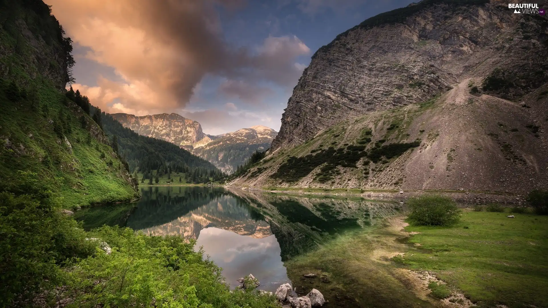 forest, lake, viewes, Green, Mountains, trees, clouds