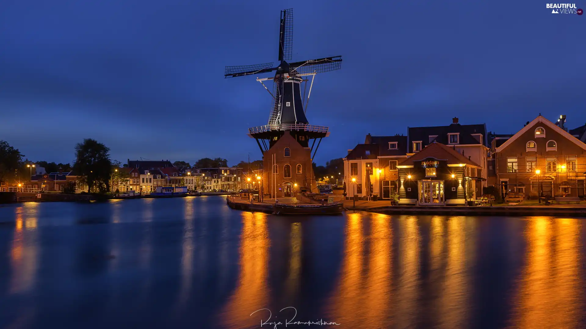 Spaarne River, Houses, Haarlem, Netherlands, Night, Windmill