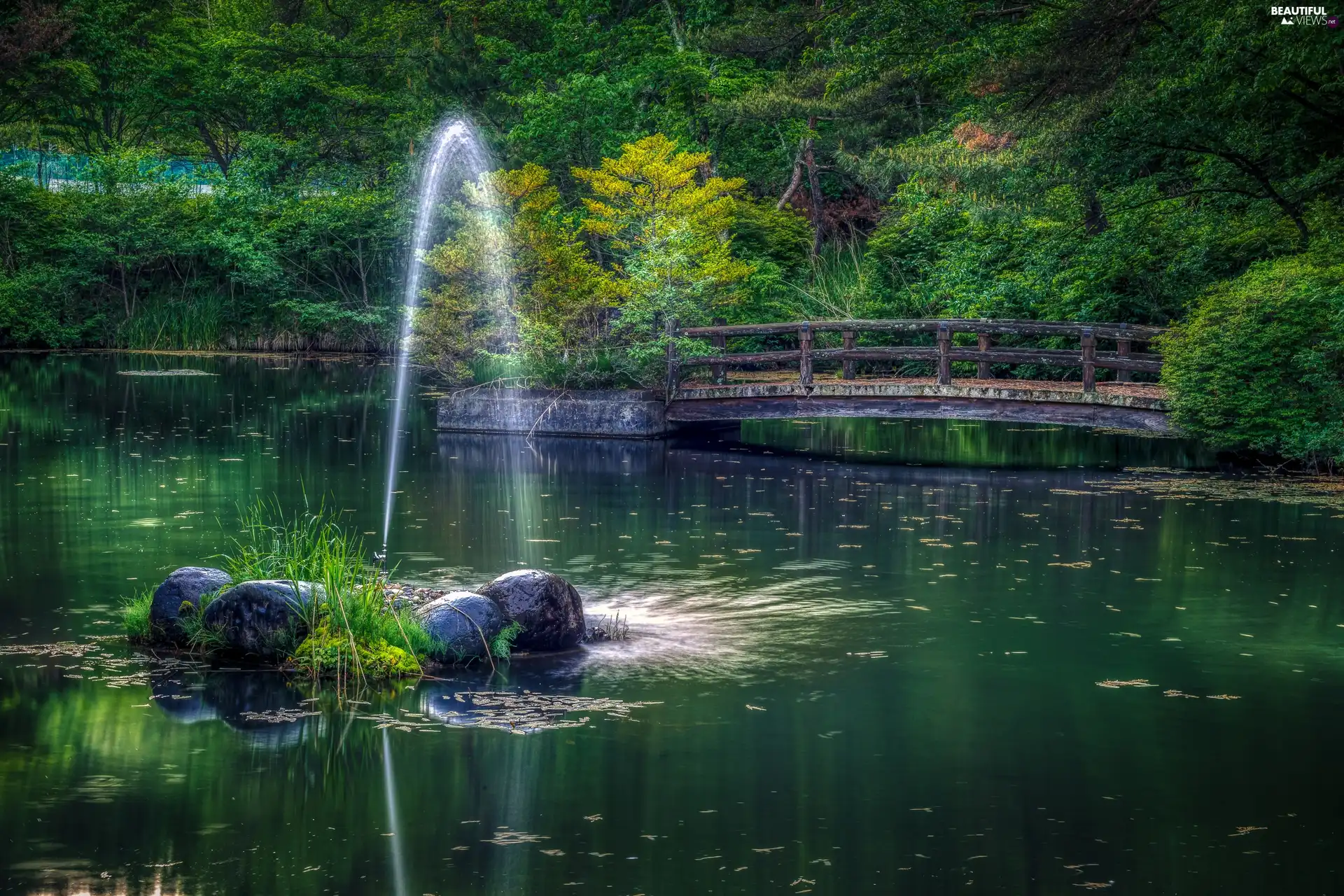 Park, fountain, viewes, bridge, Pond - car, trees, HDR