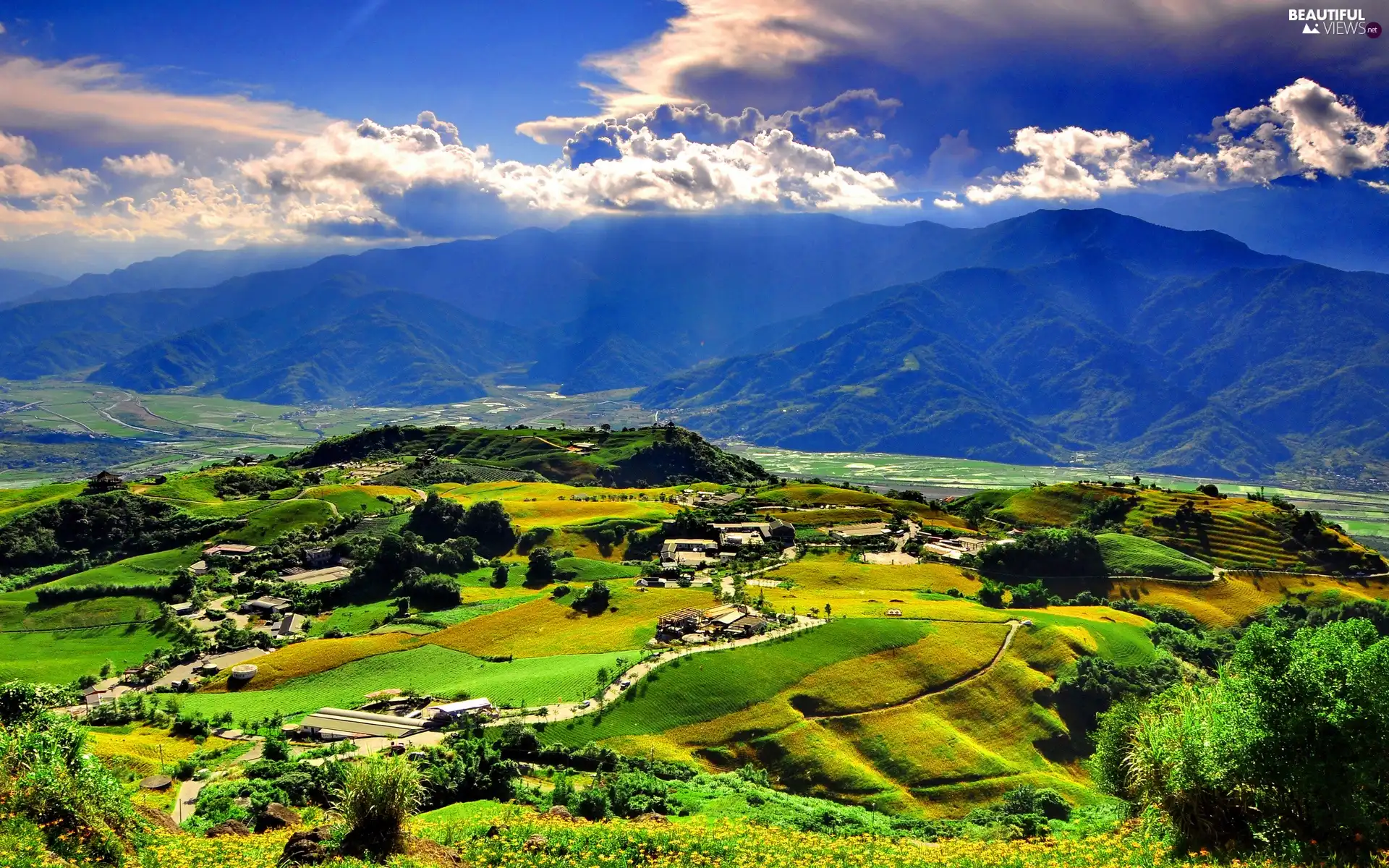 Mountains, green ones, hills, village