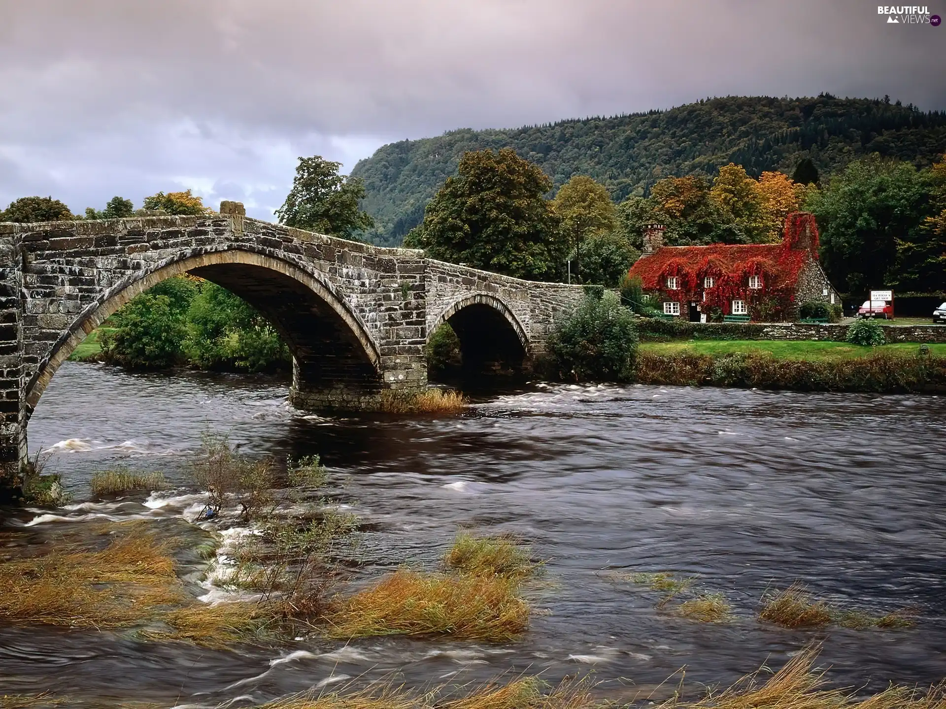 River, clouds, Home, bridge