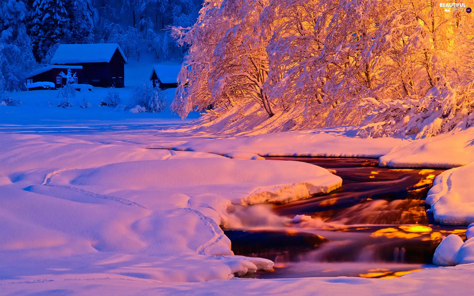 winter, stream, Home, forest