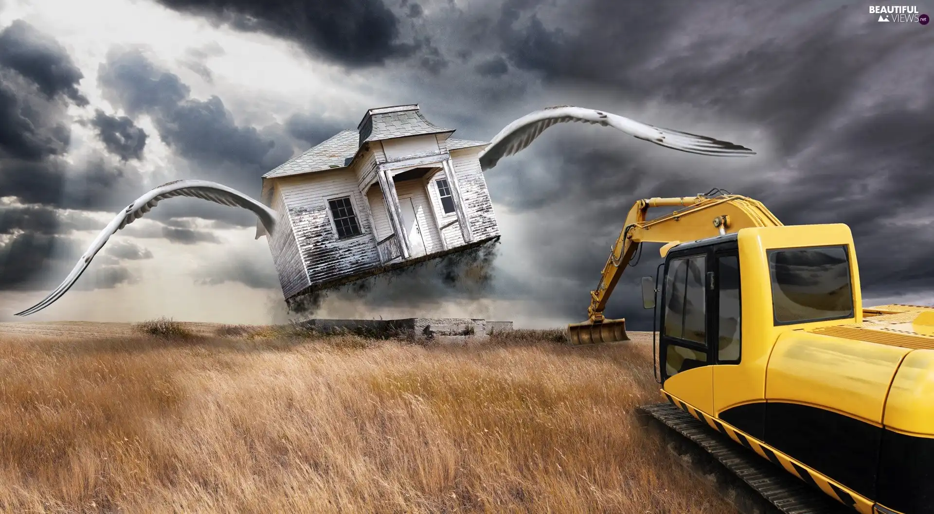 clouds, flying, house, field