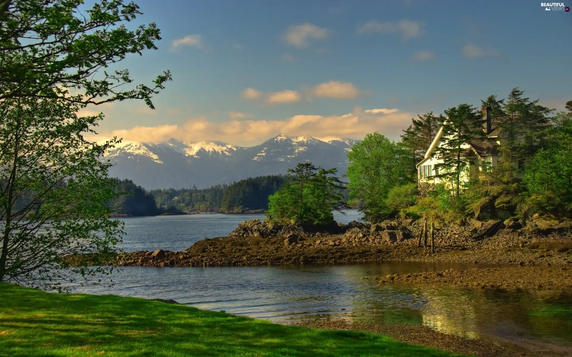 River, forest, House, Mountains