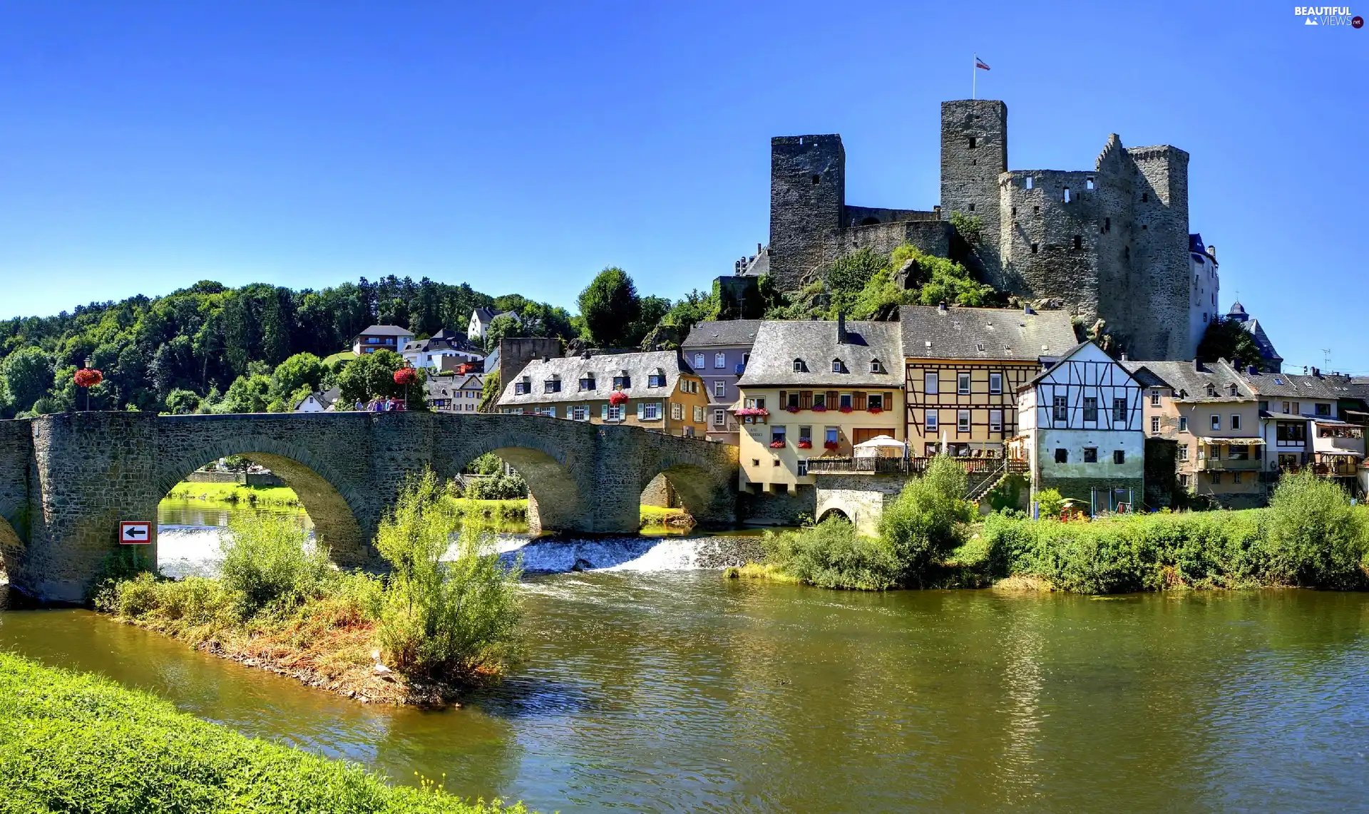 River, Castle, Houses, bridge