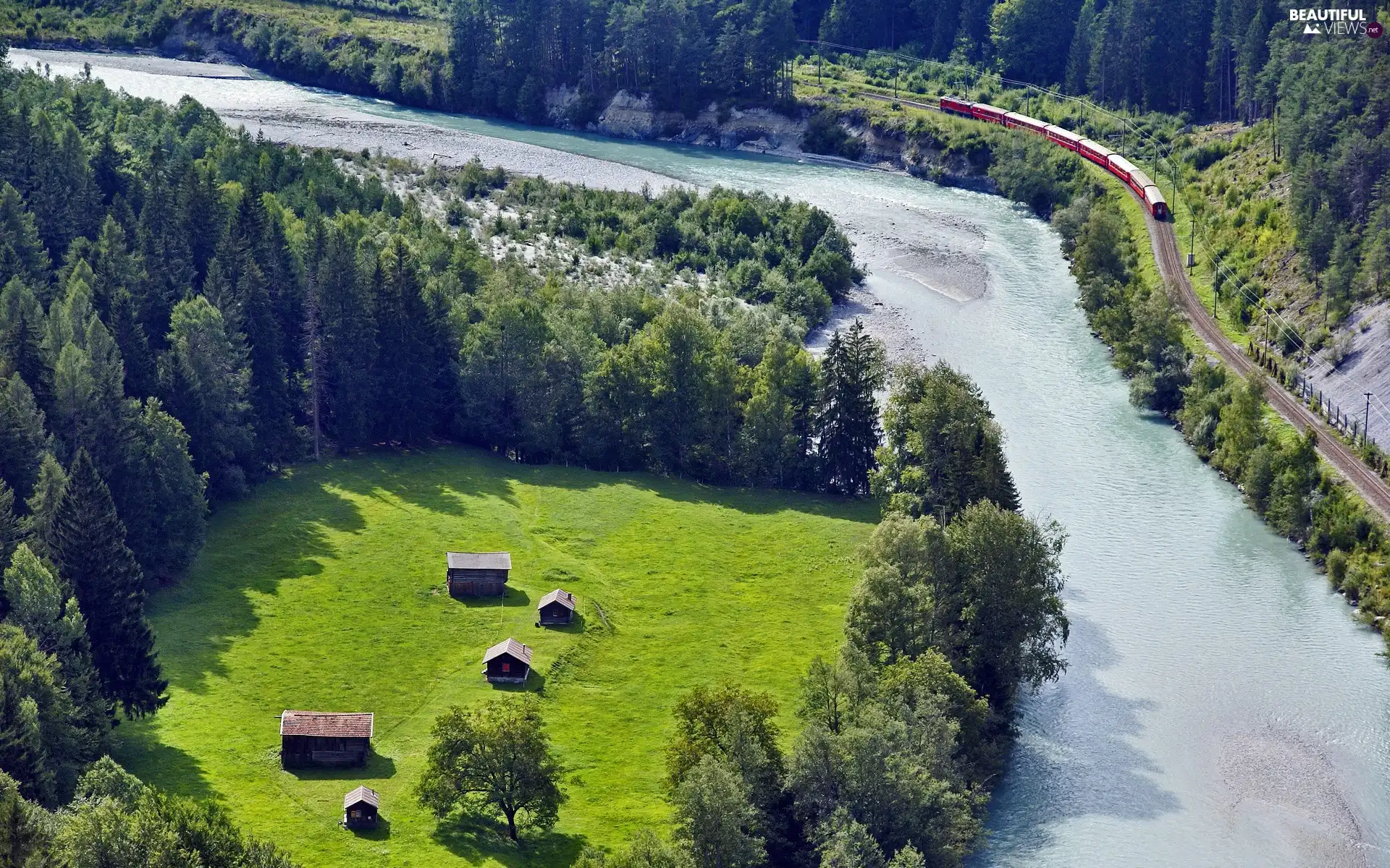 River, Meadow, Houses, woods