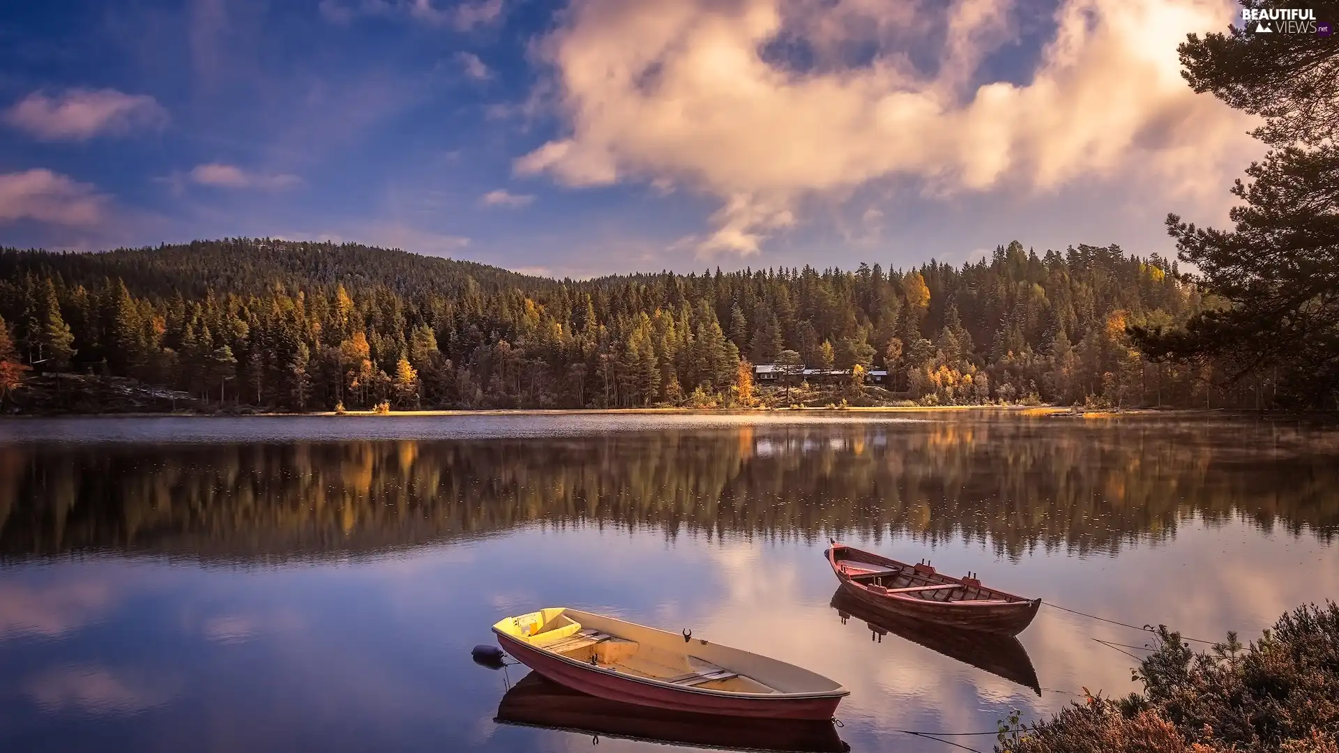 trees, viewes, Sunrise, boats, clouds, woods, lake, Houses