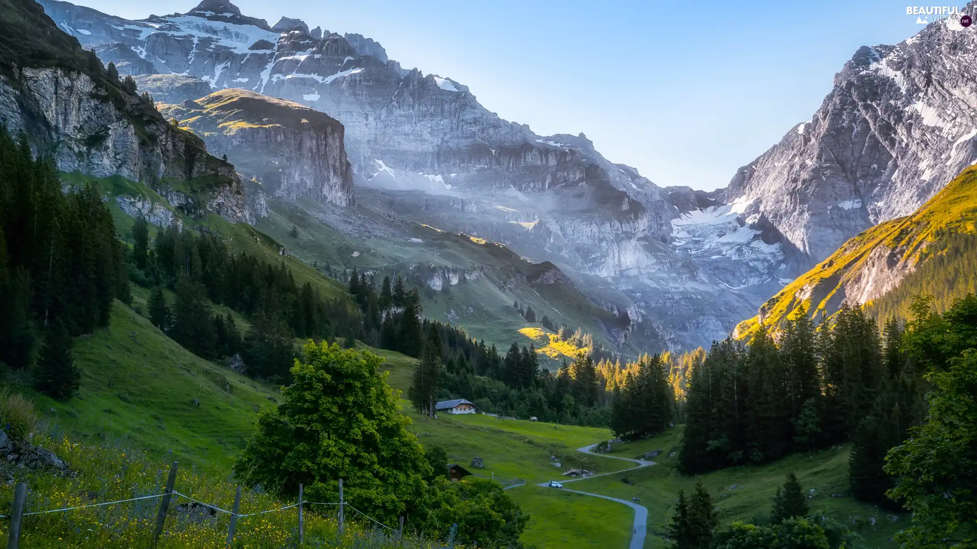 trees, Mountains, Way, Houses, viewes, Valley