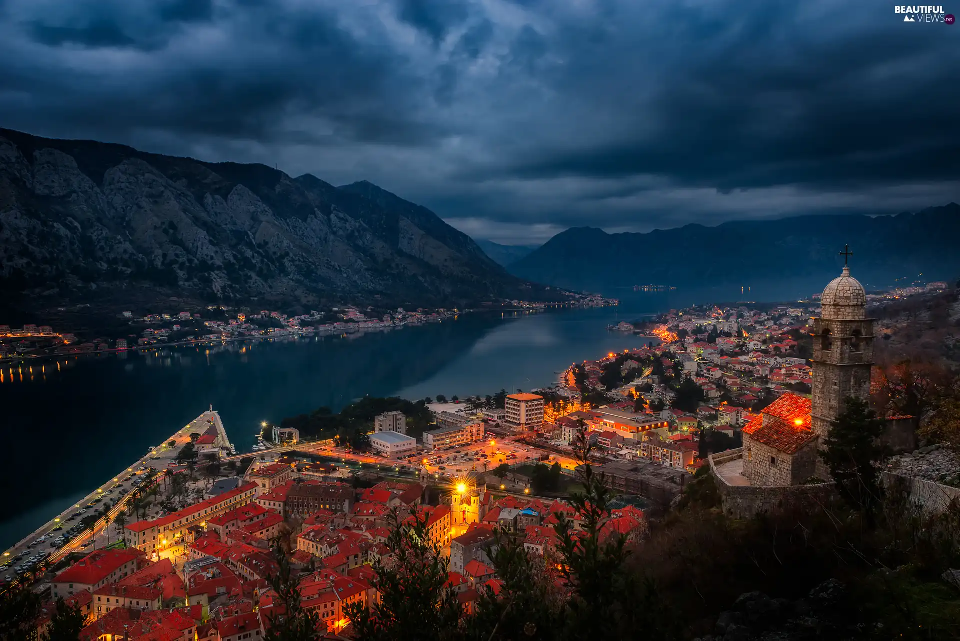 Bay of Kotor, sea, Houses, Night, illuminated, Montenegro, Kotor City, Mountains