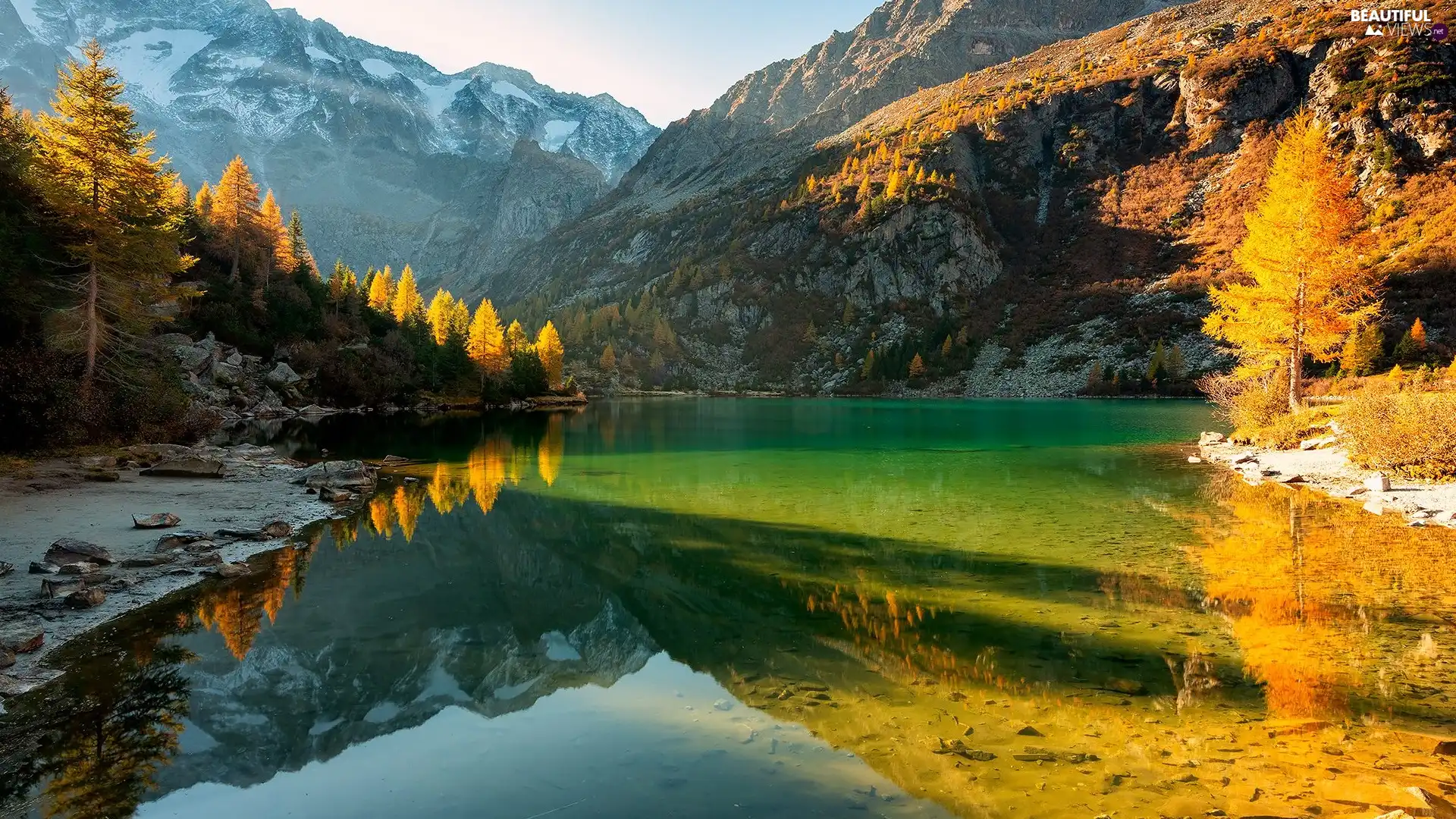 trees, lake, reflection, illuminated, Mountains, viewes, autumn