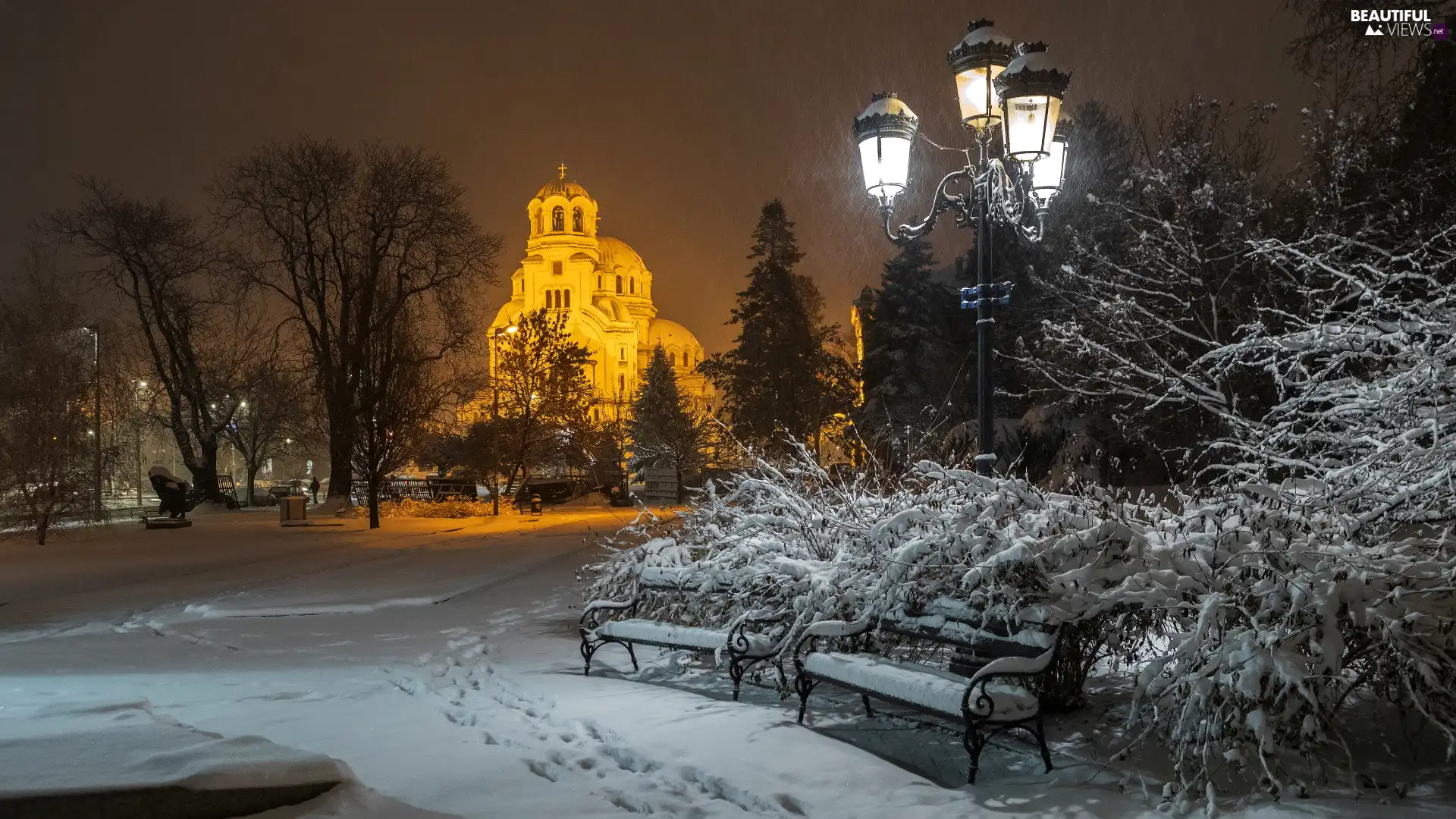 Cerkiew, Park, viewes, trees, bench, snow, incident, illuminated, winter, Lighthouse, Bush