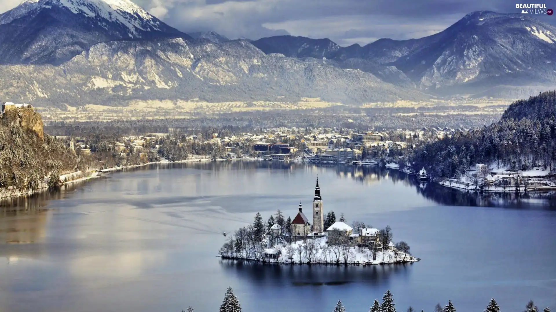 Island, Slovenia, lake, Church, Mountains