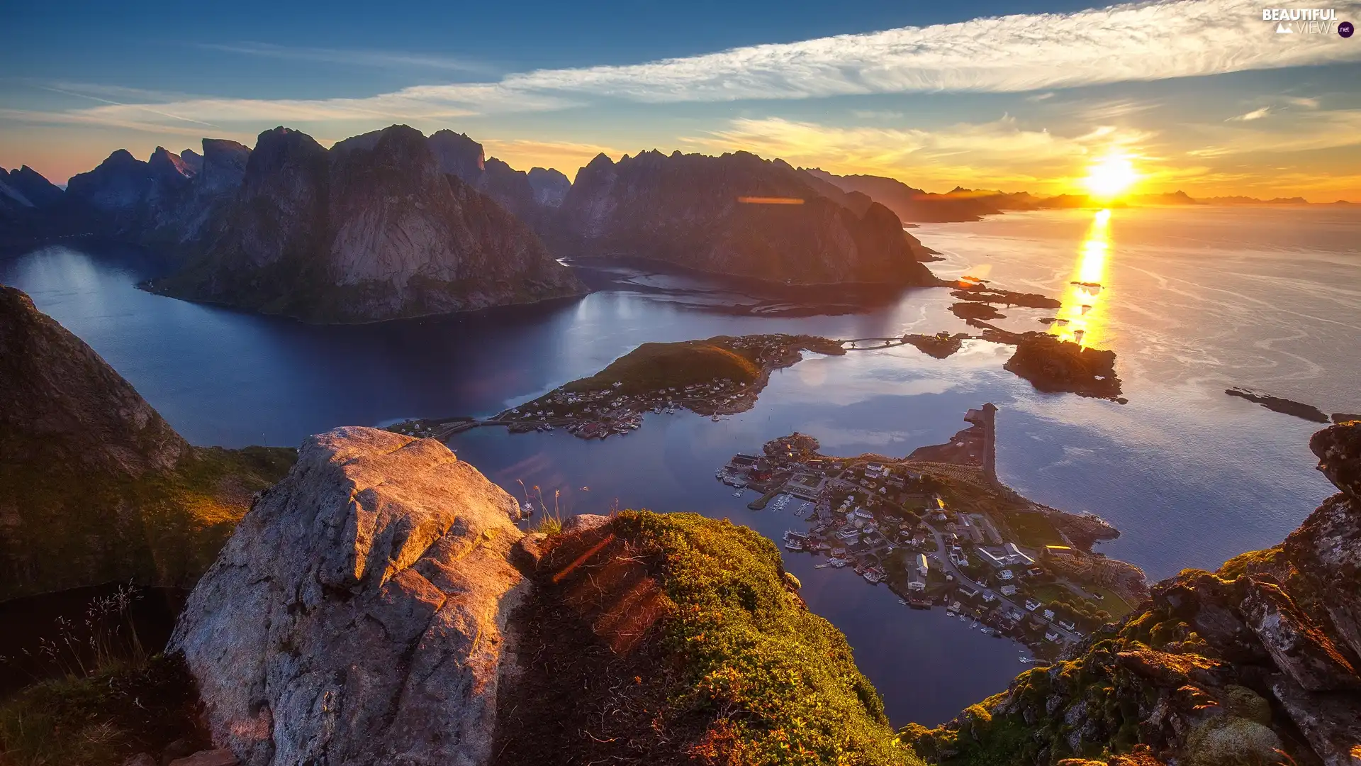 Islets, rocks, Norway, Houses, Lofoten, Mountains, Norwegian Sea, Sunrise