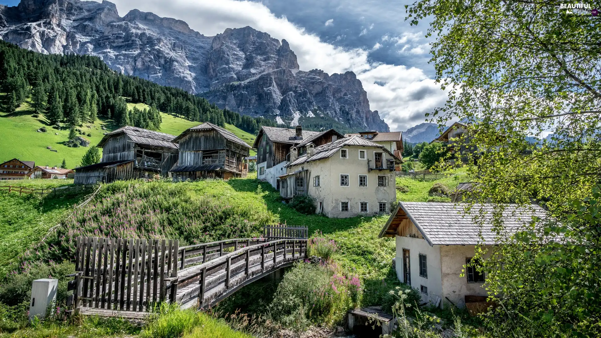 Mountains, bridge, Italy, Houses