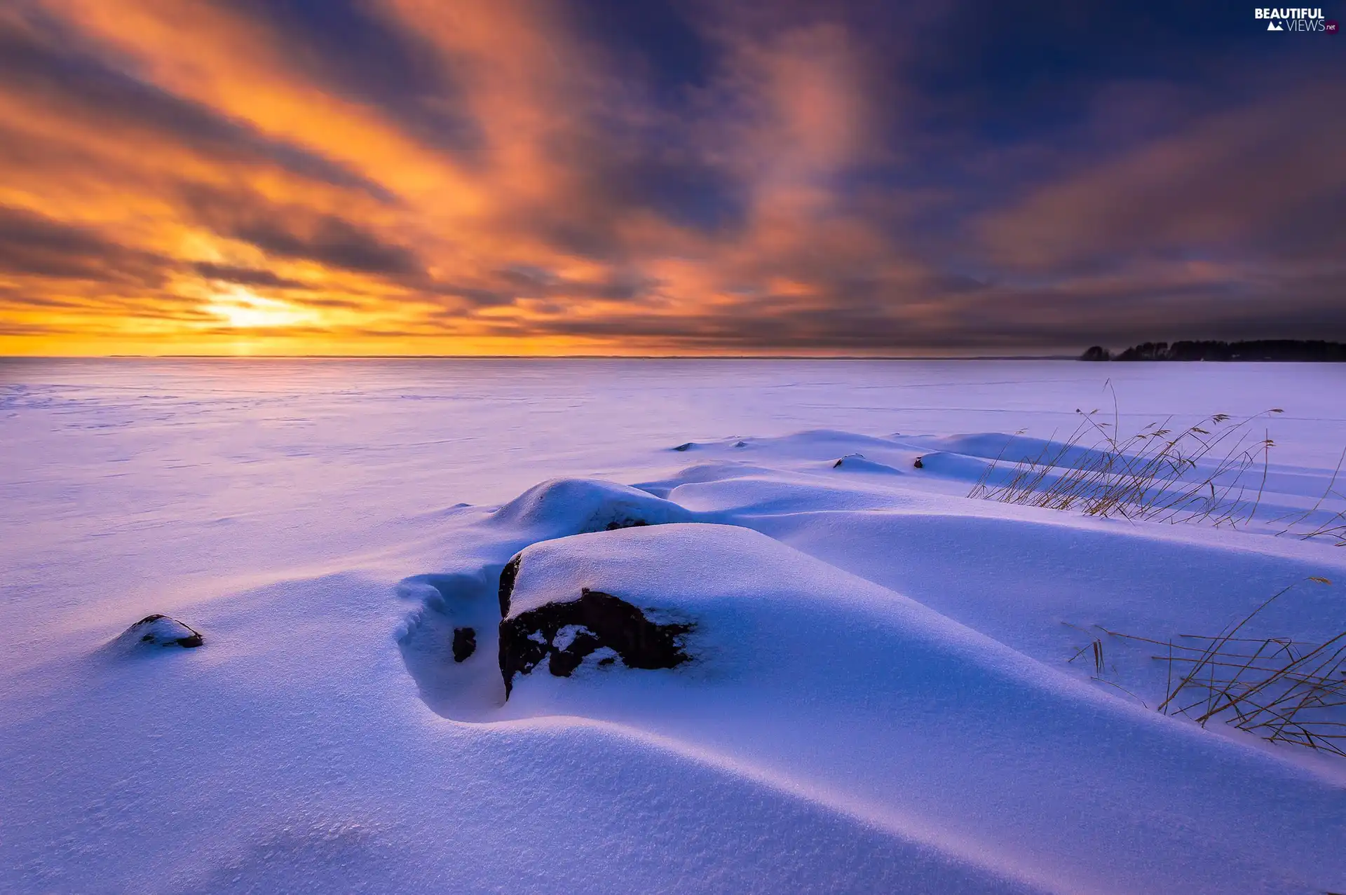 Joensuu, lake, Great Sunsets, winter, Stones, North Karelia, Finland, snow