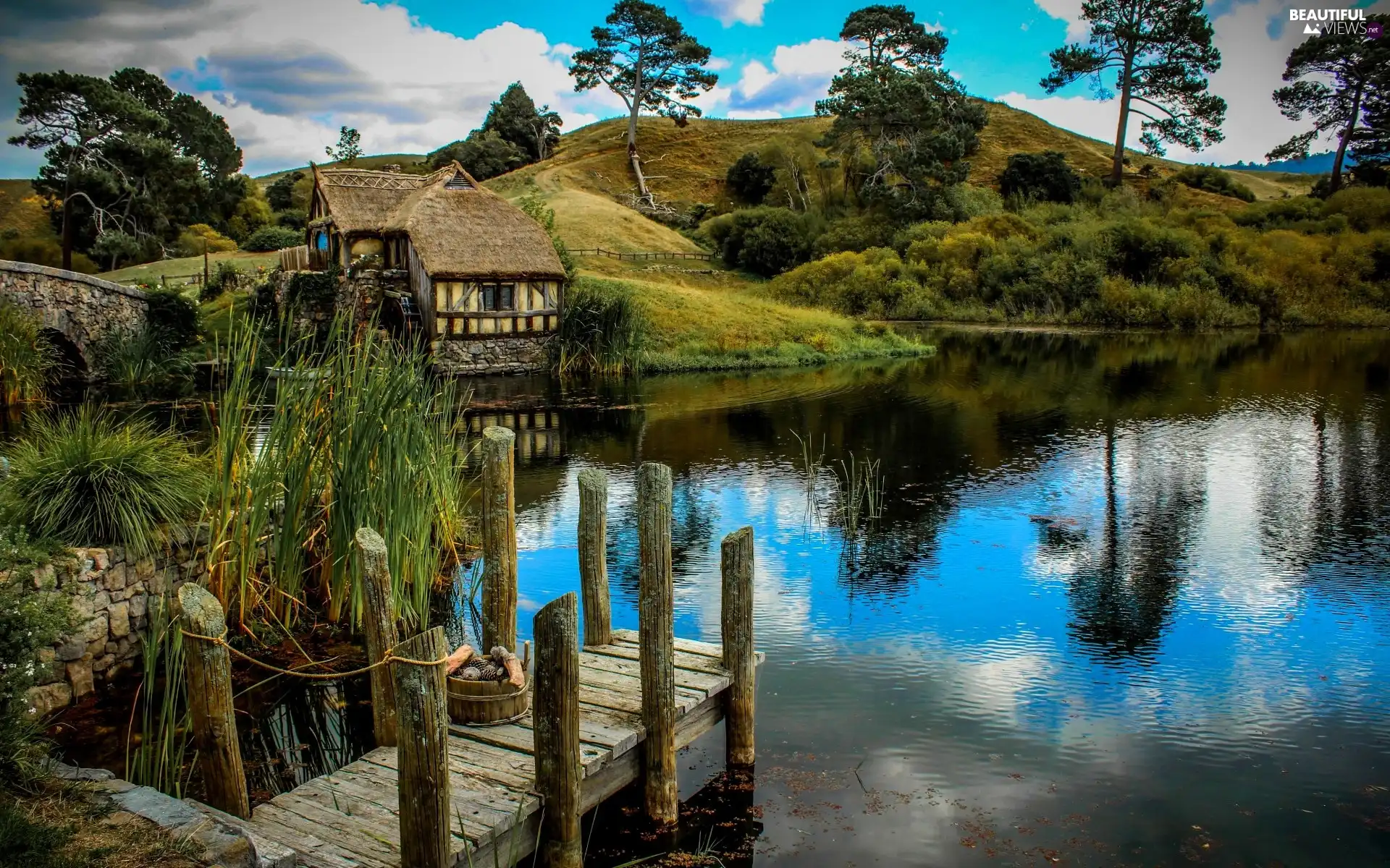 Old car, Platform, lake, Windmill