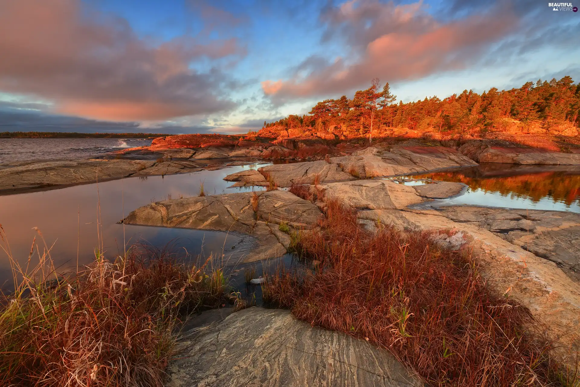 Lake Ladoga, autumn, rocks, Plants, Karelia, Russia, viewes, clouds, trees