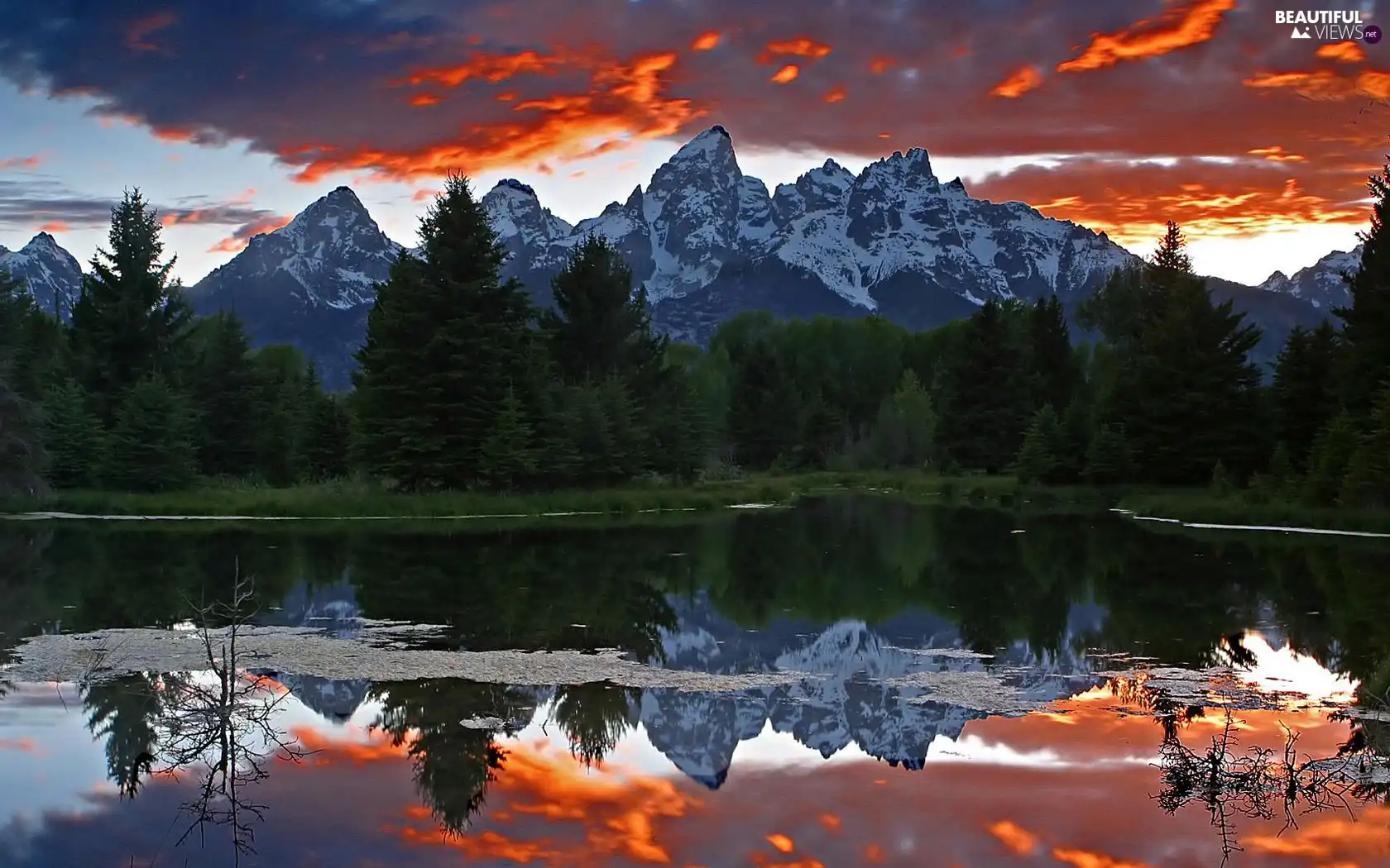 lake, Mountains, clouds