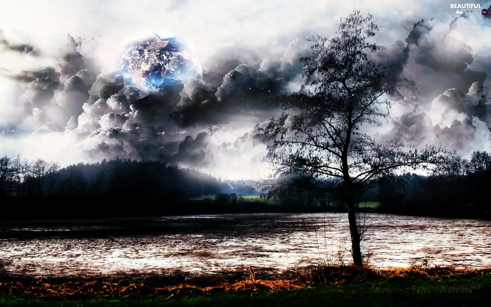 lake, trees, clouds