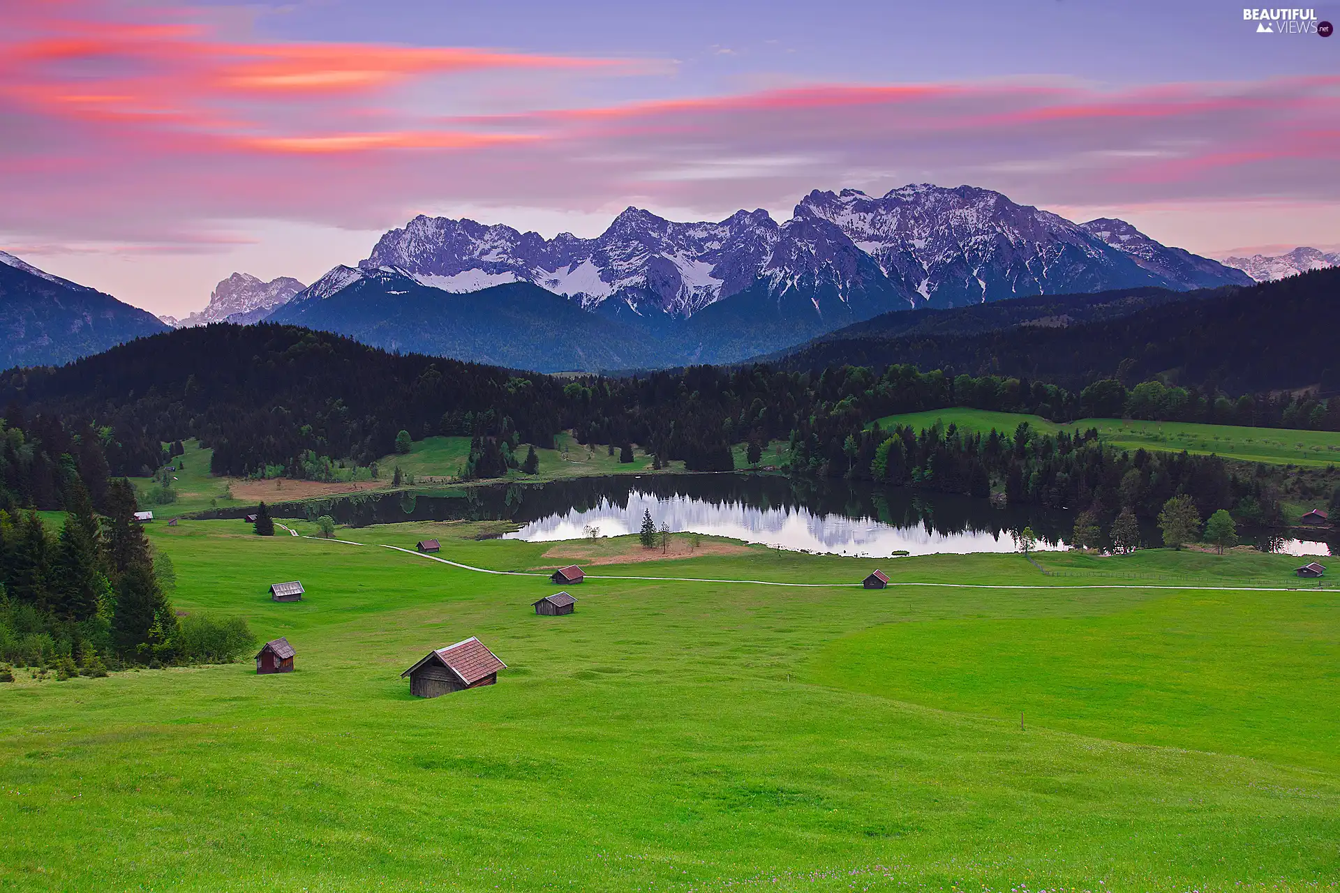 car in the meadow, Mountains, lake