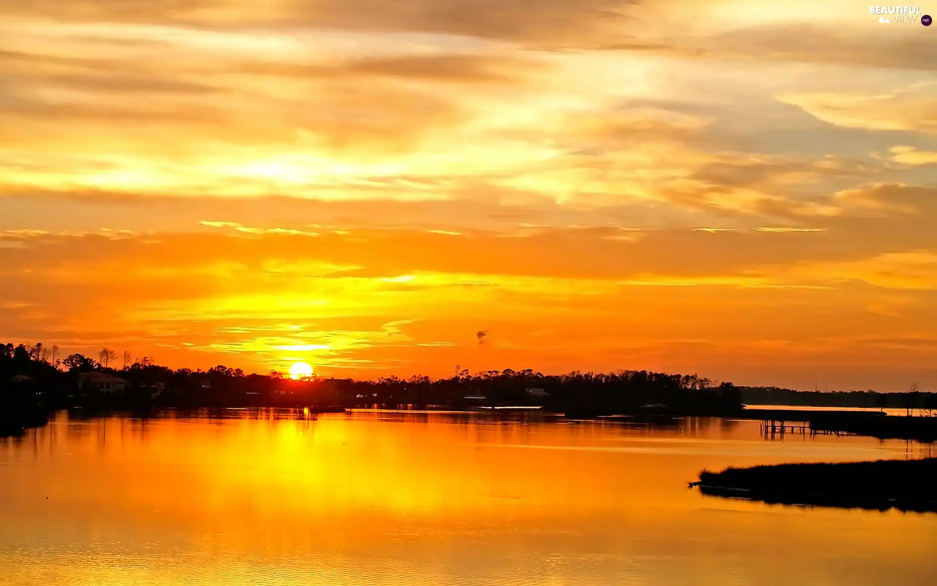 orange, Great Sunsets, lake, Yellow