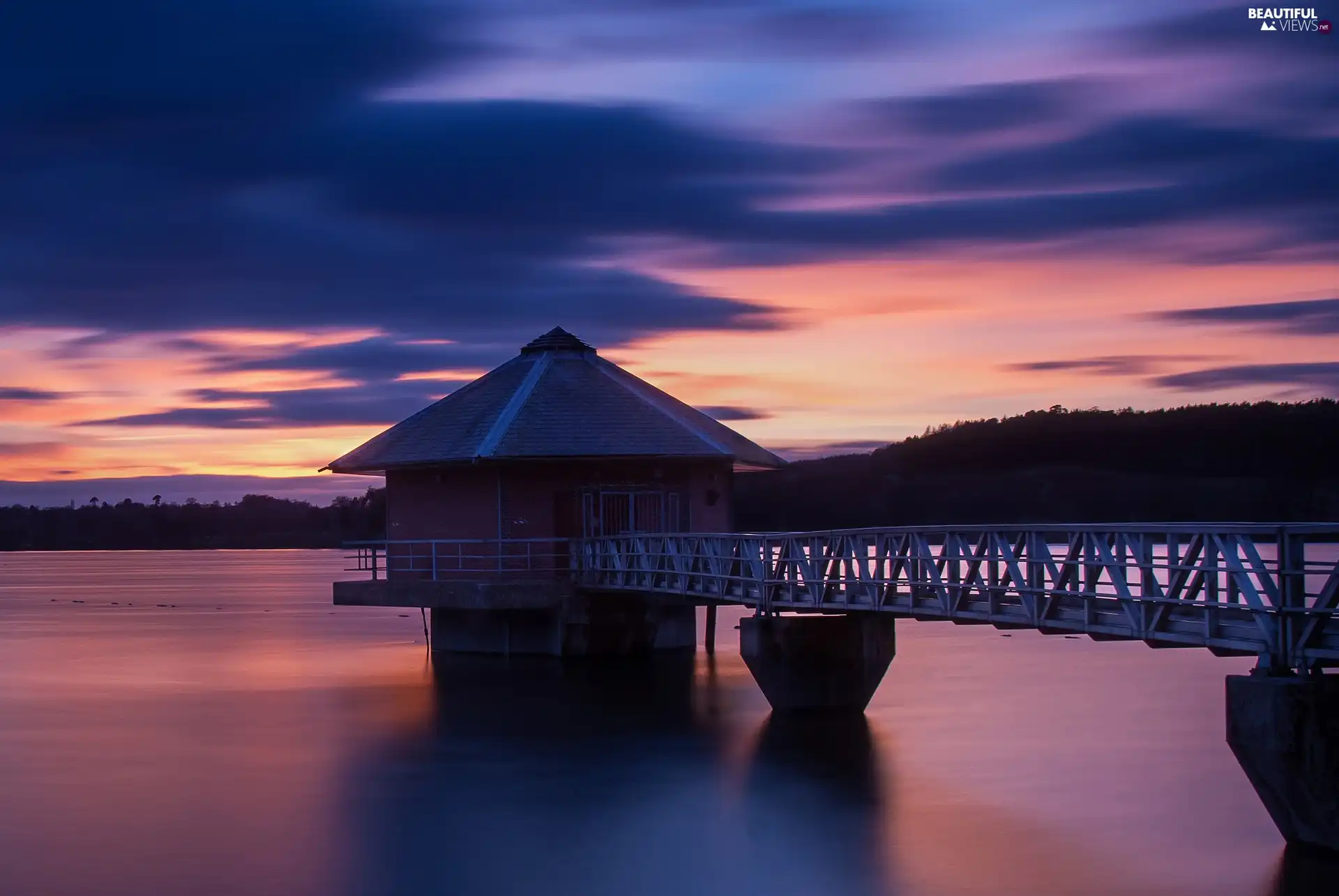 lake, pier, sun, forest, west