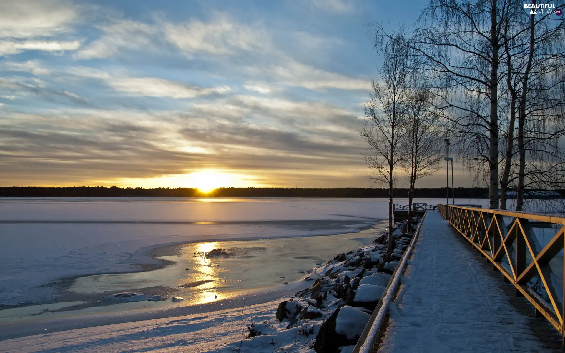 lake, Platform, sun, frozen, west