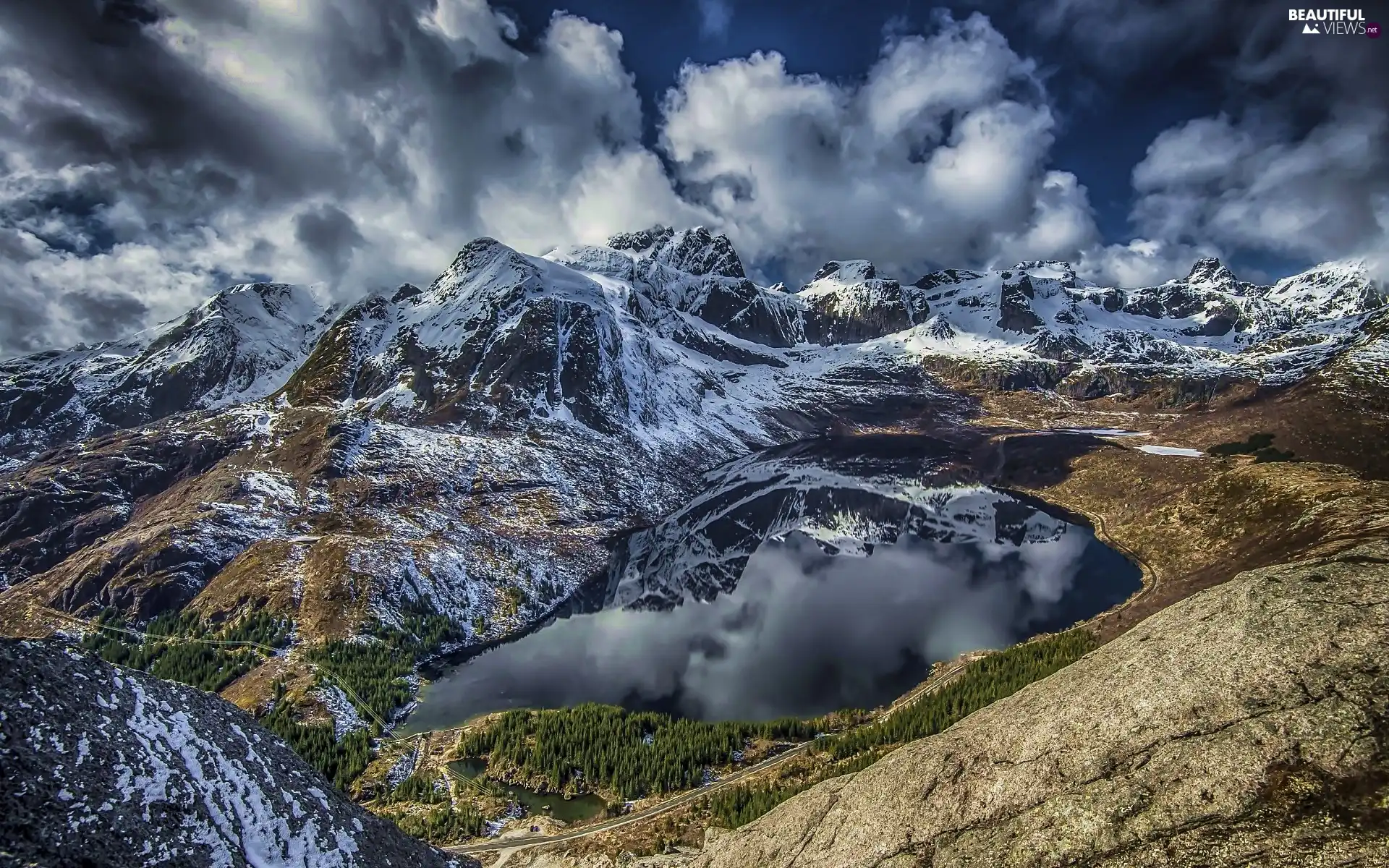 lake, reflection, mountainous, clouds, edifice