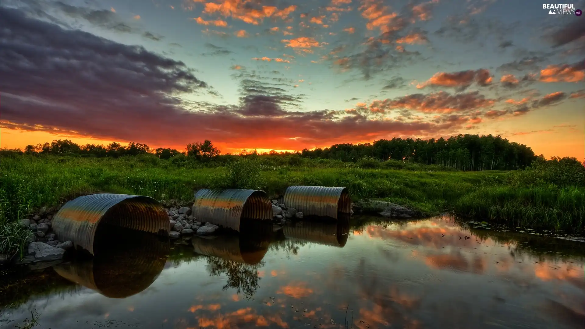 clouds, west, lake, reflection, Meadow, sun