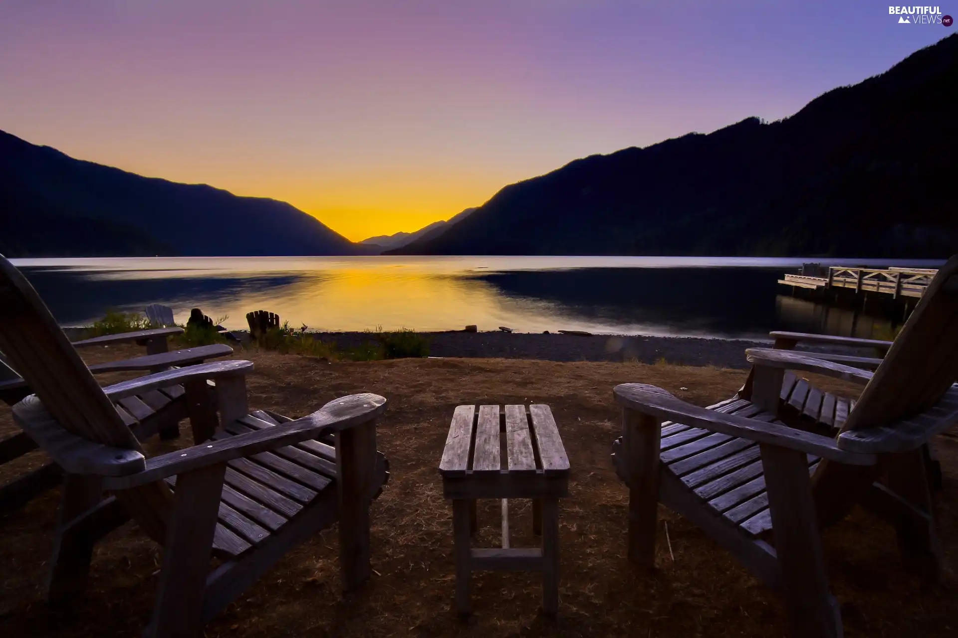 lake, Stool, sun, Mountains, west