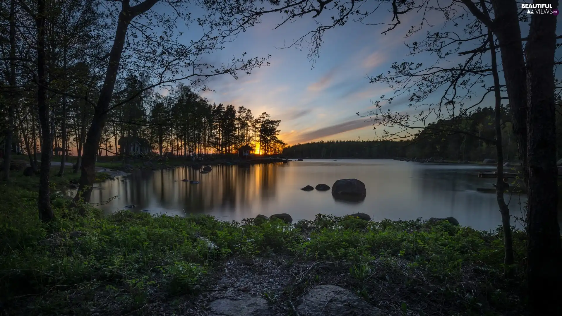 Niinilahti Village, Keitele Lake, Kymenlaakso Region, Finland, evening, Great Sunsets, viewes, Houses, trees