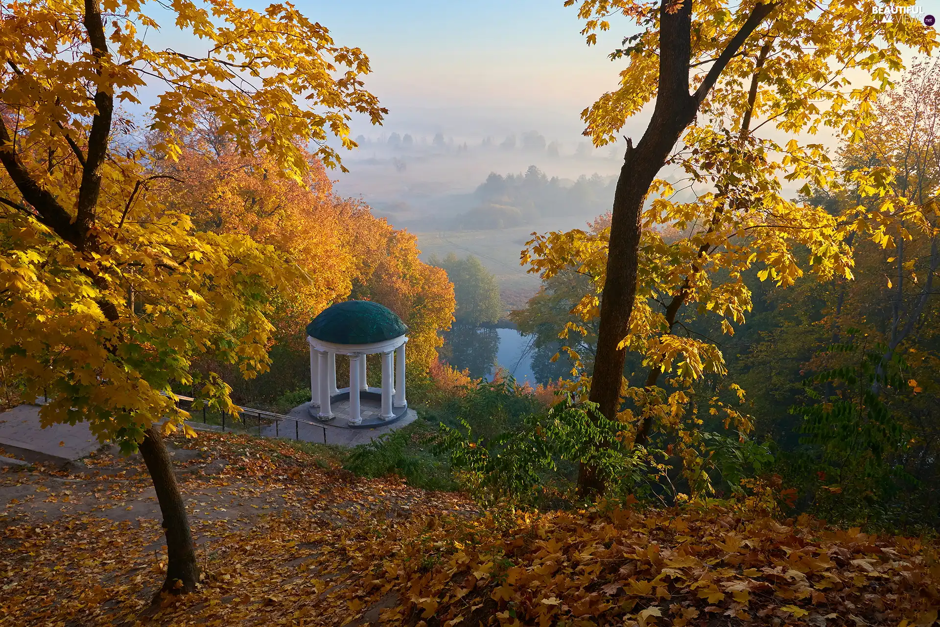 viewes, autumn, alcove, lake, pantheon, trees