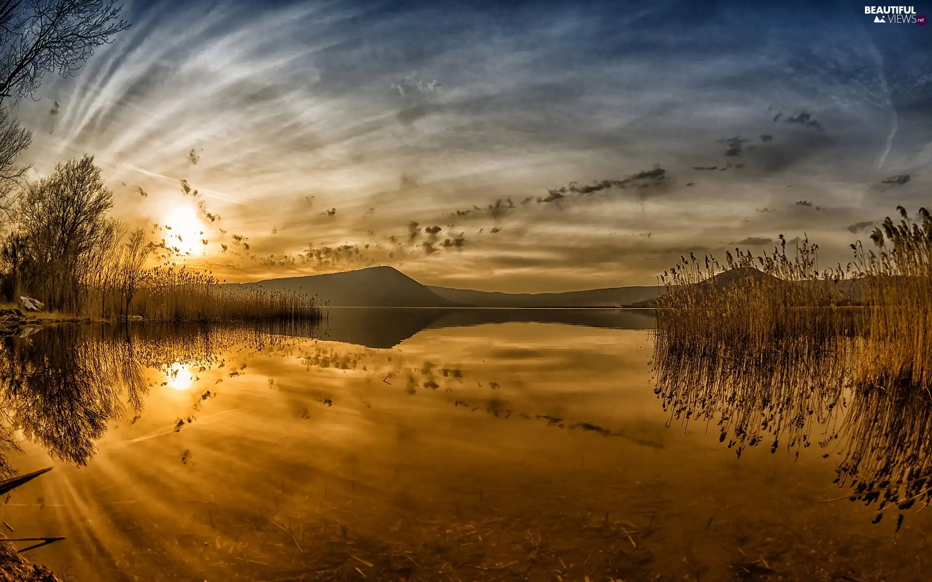 west, Mountains, lake, sun