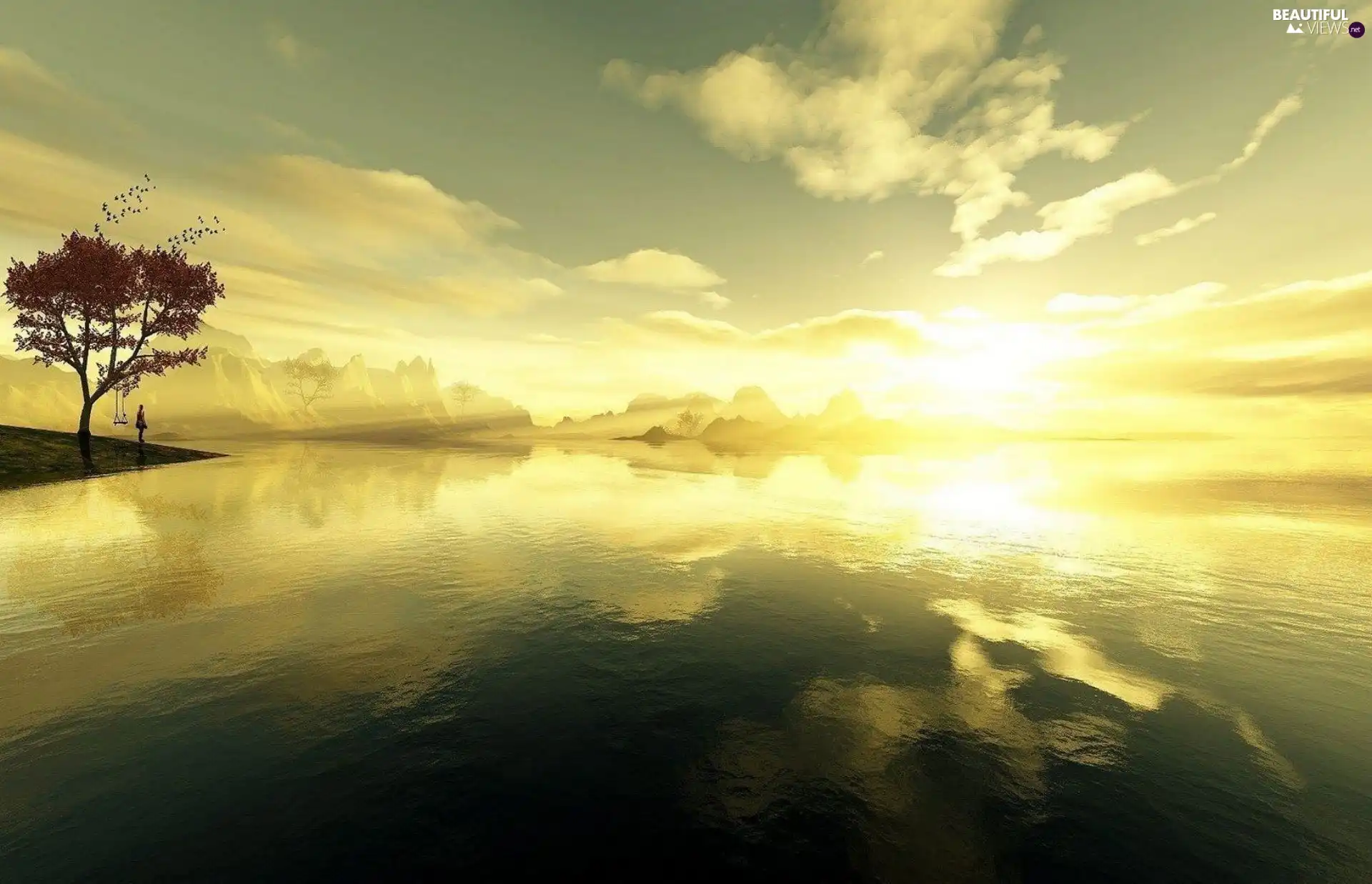 west, rocks, lake, sun