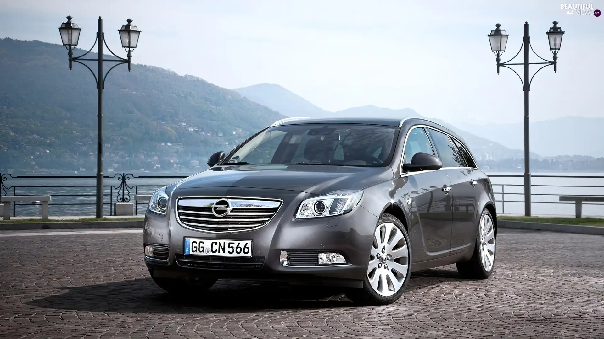 Opel Insignia, lake, lanterns, Mountains