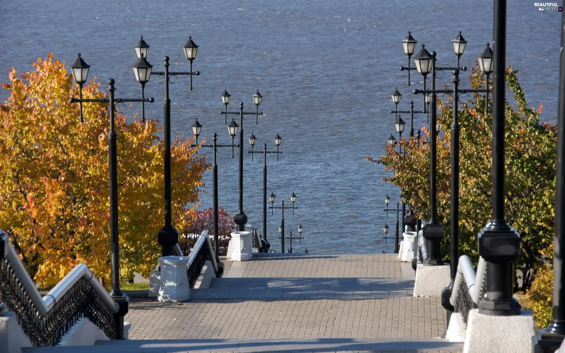 trees, Stairs, lanterns, viewes