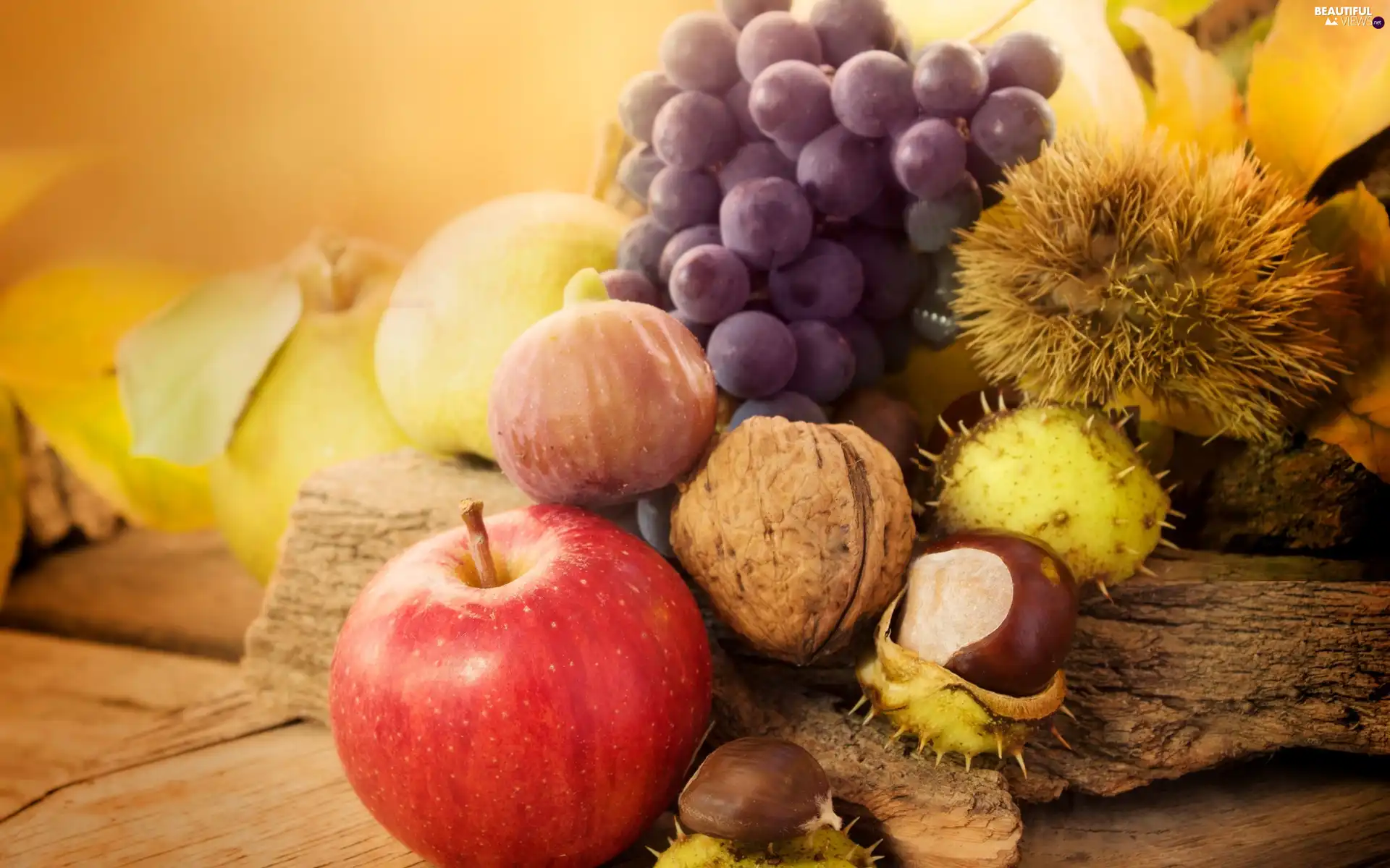 chestnuts, Grapes, composition, nuts, apples, Leaf, autumn