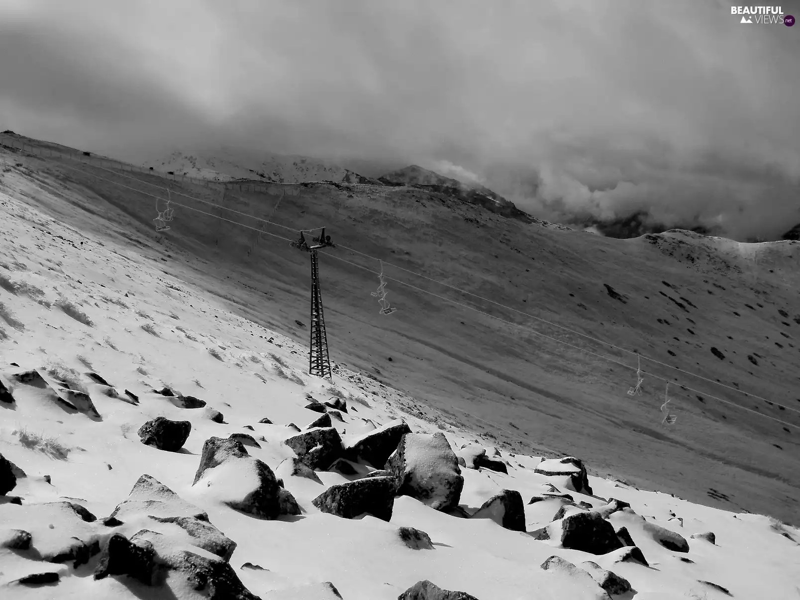 Stones, Mountains, Lift, ski, clouds, winter