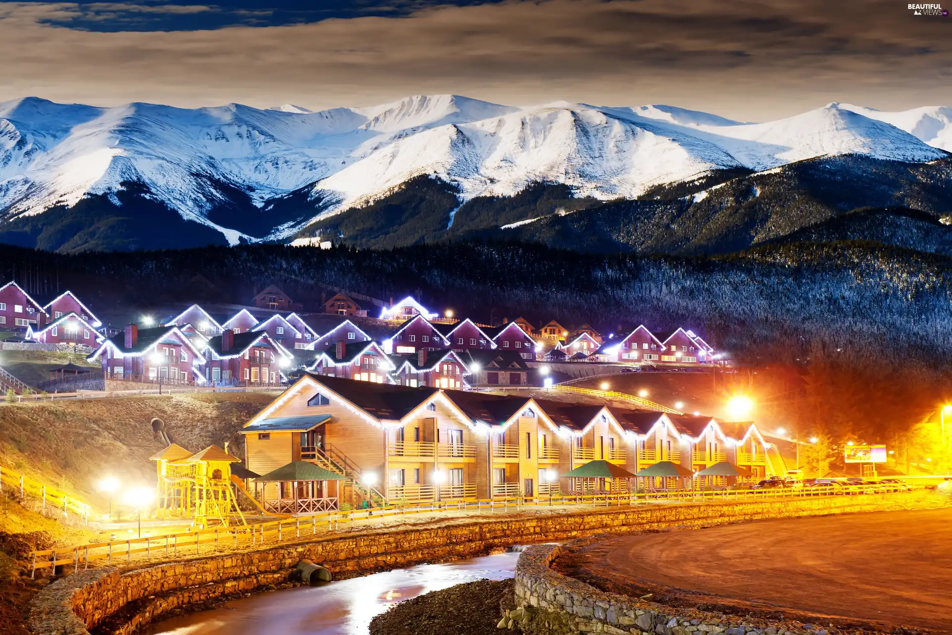 winter, Houses, light, Mountains