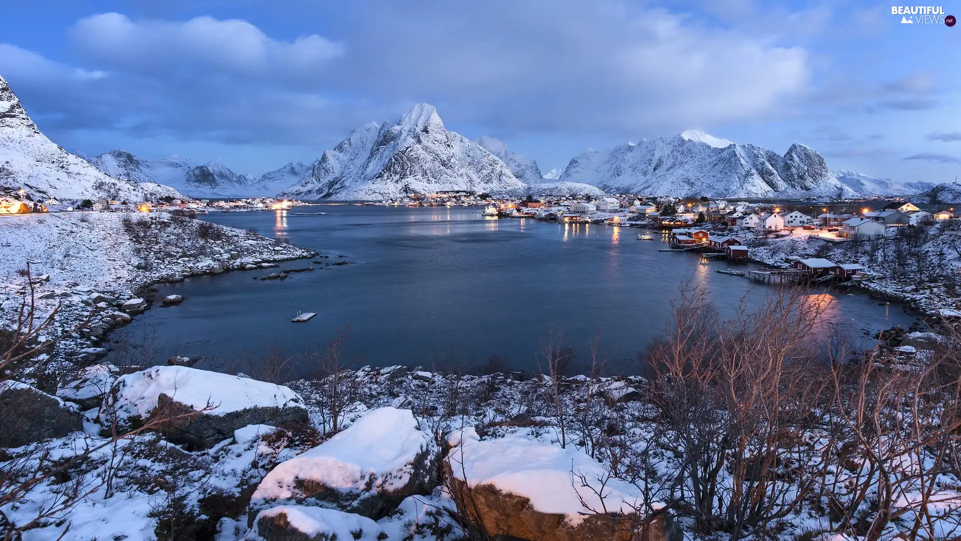 Moskenesoya Island, Reine Village, Mountains, Norwegian Sea Winter, Houses, Lofoten, Norway, rocks