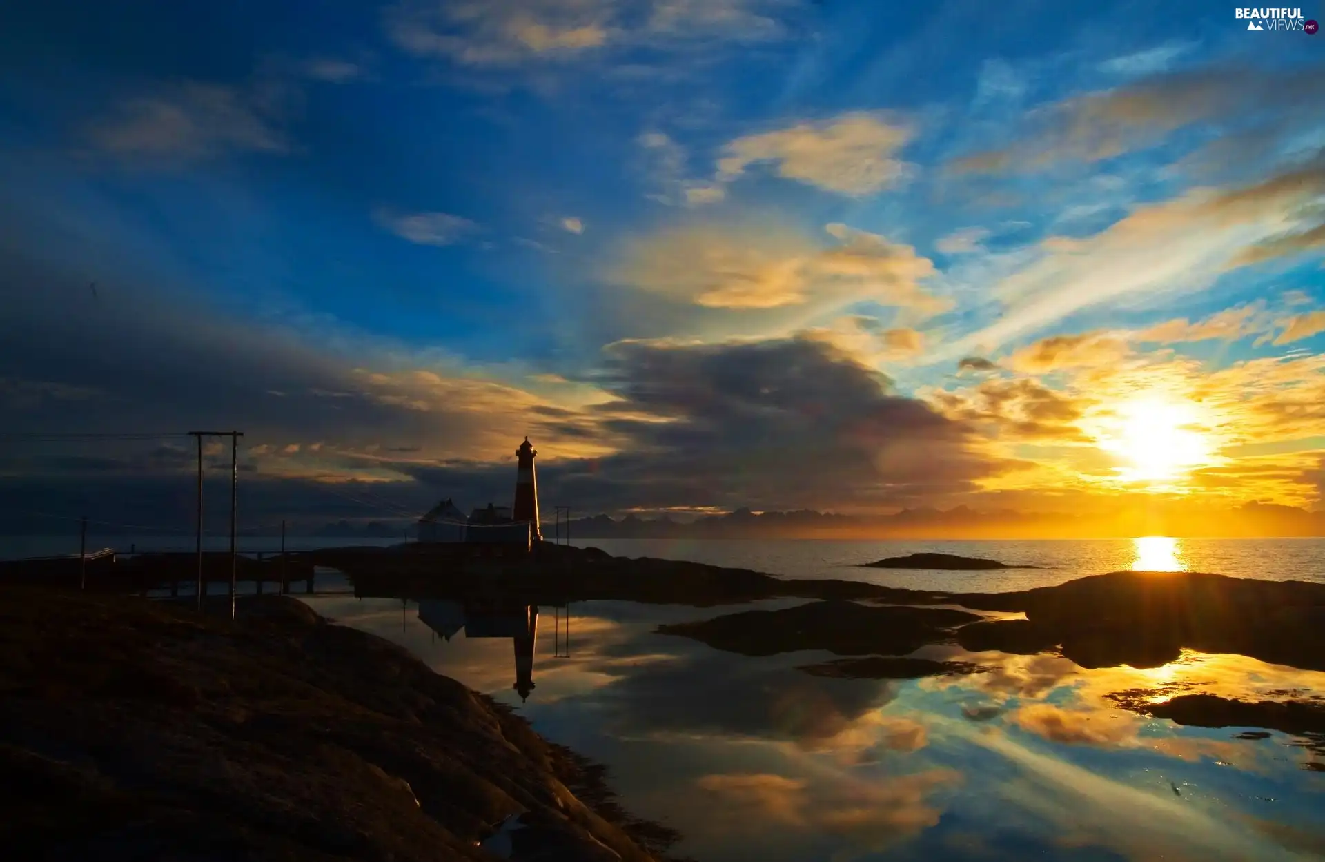 maritime, reflection, sun, Lighthouse, west