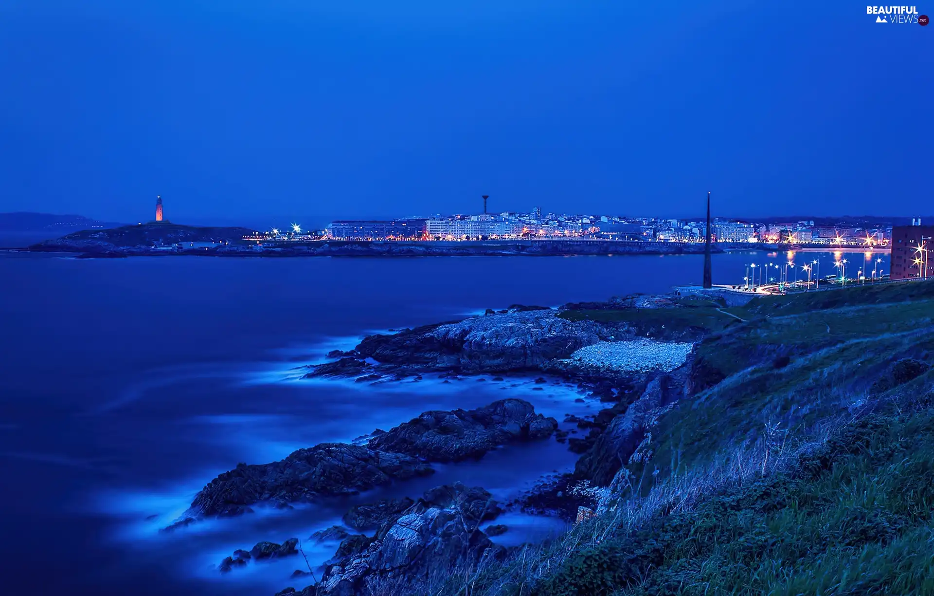 maritime, sea, night, Lighthouse, Town