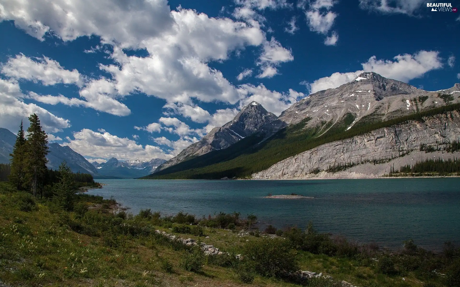 Meadow, Mountains, River