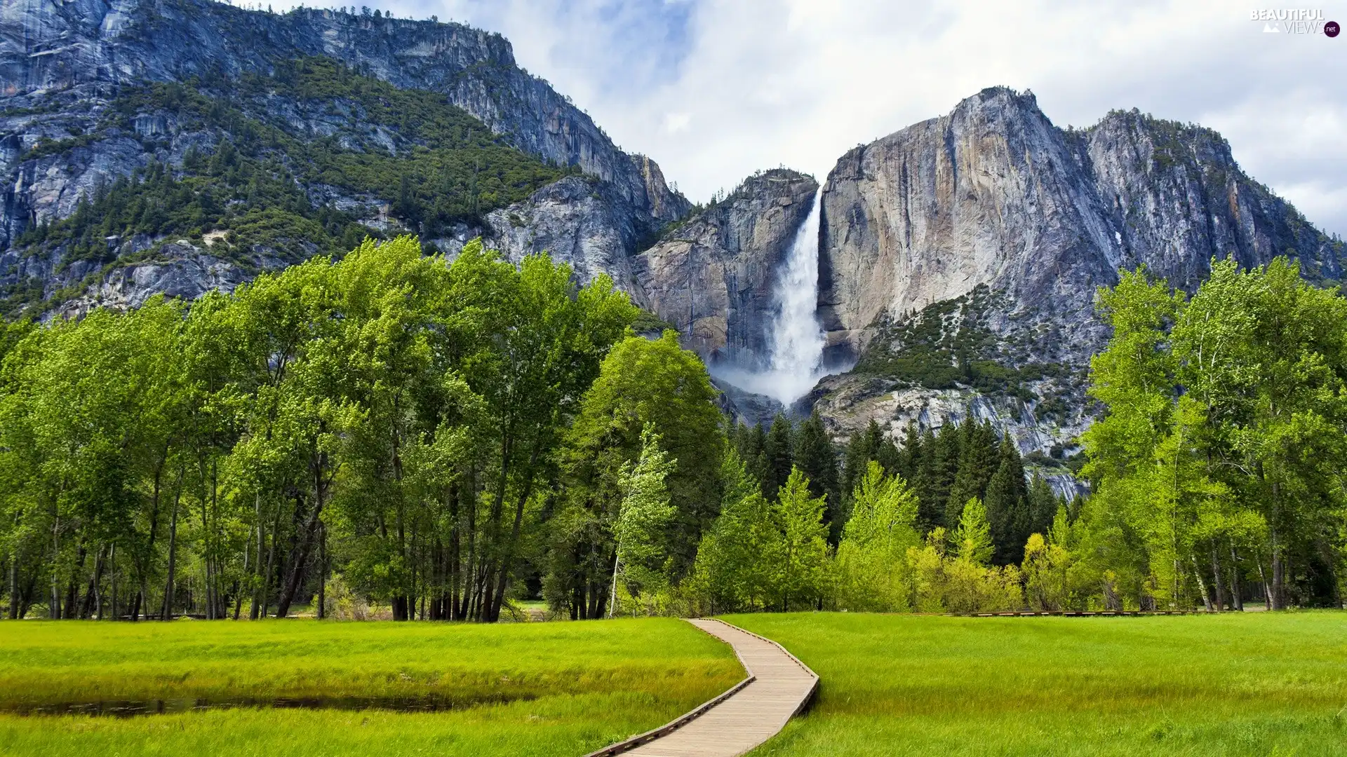 Meadow, Mountains, waterfall