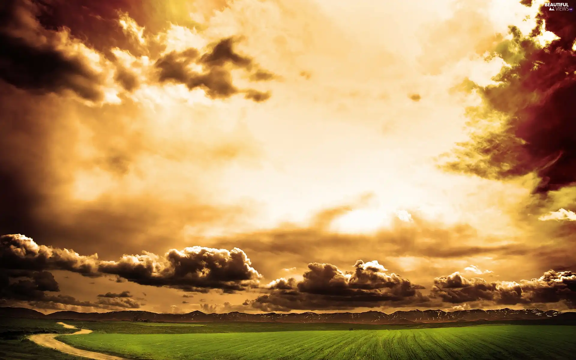 west, clouds, Meadow, sun