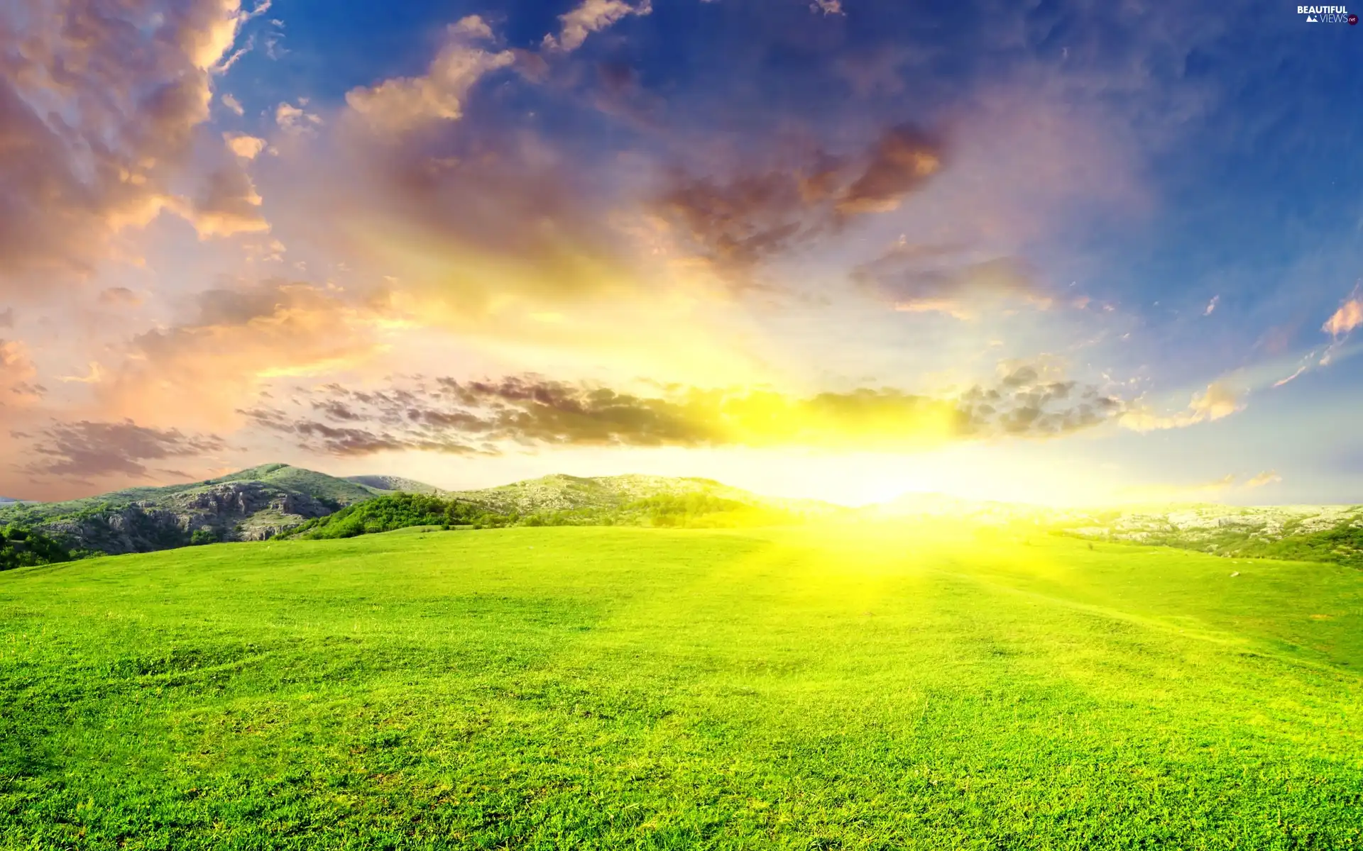 rays, Mountains, medows, sun