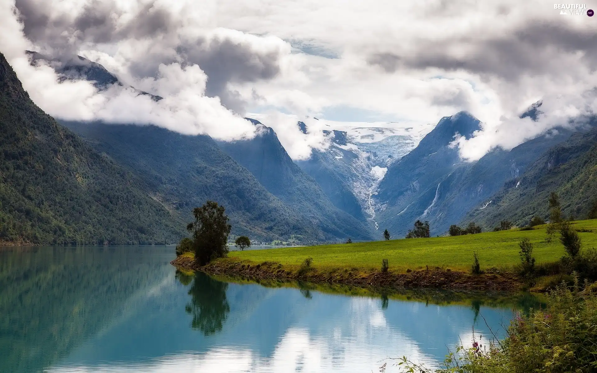 River, clouds, medows, Mountains