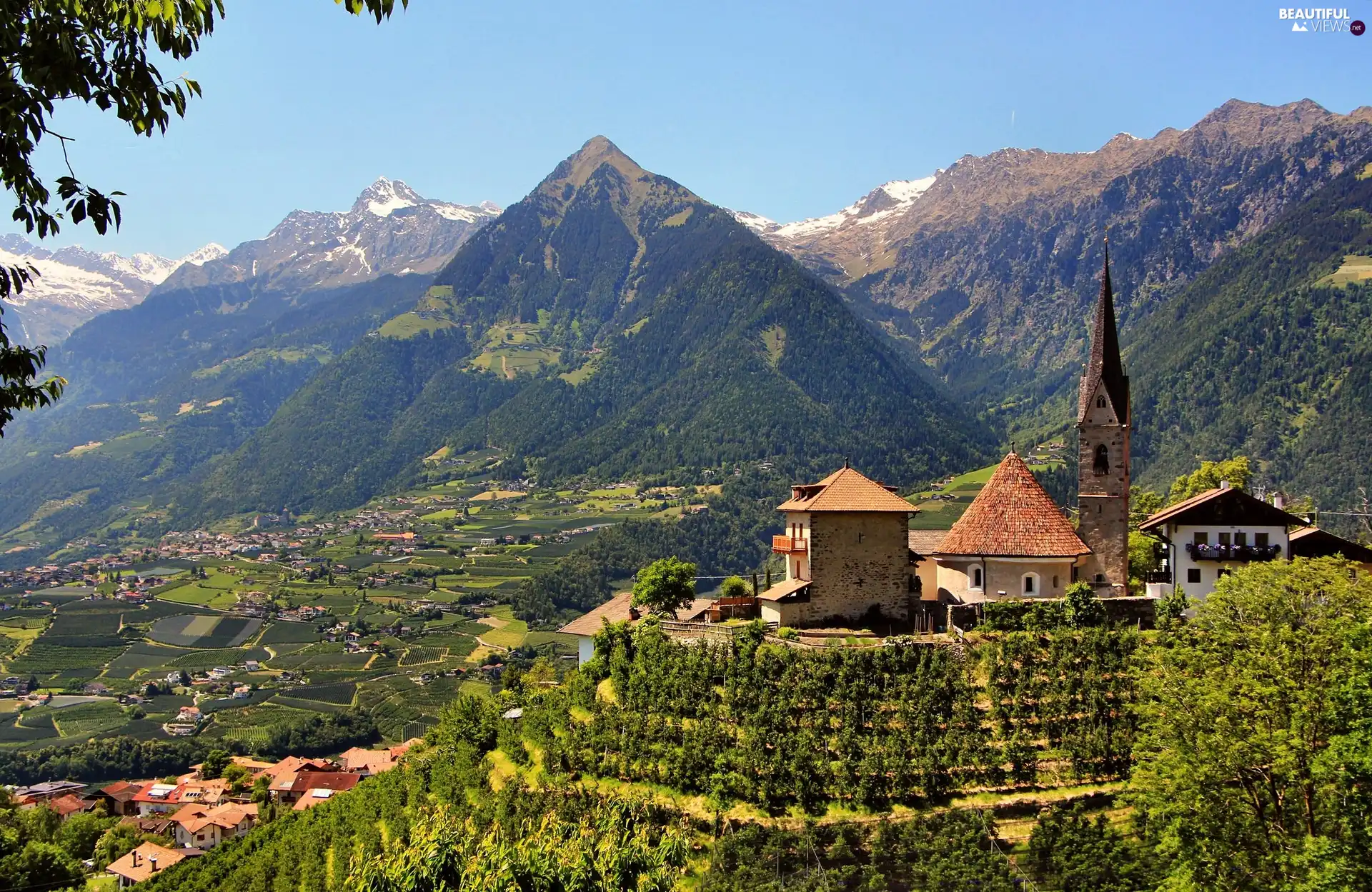 Merano, Italy, Church, buildings, Mountains