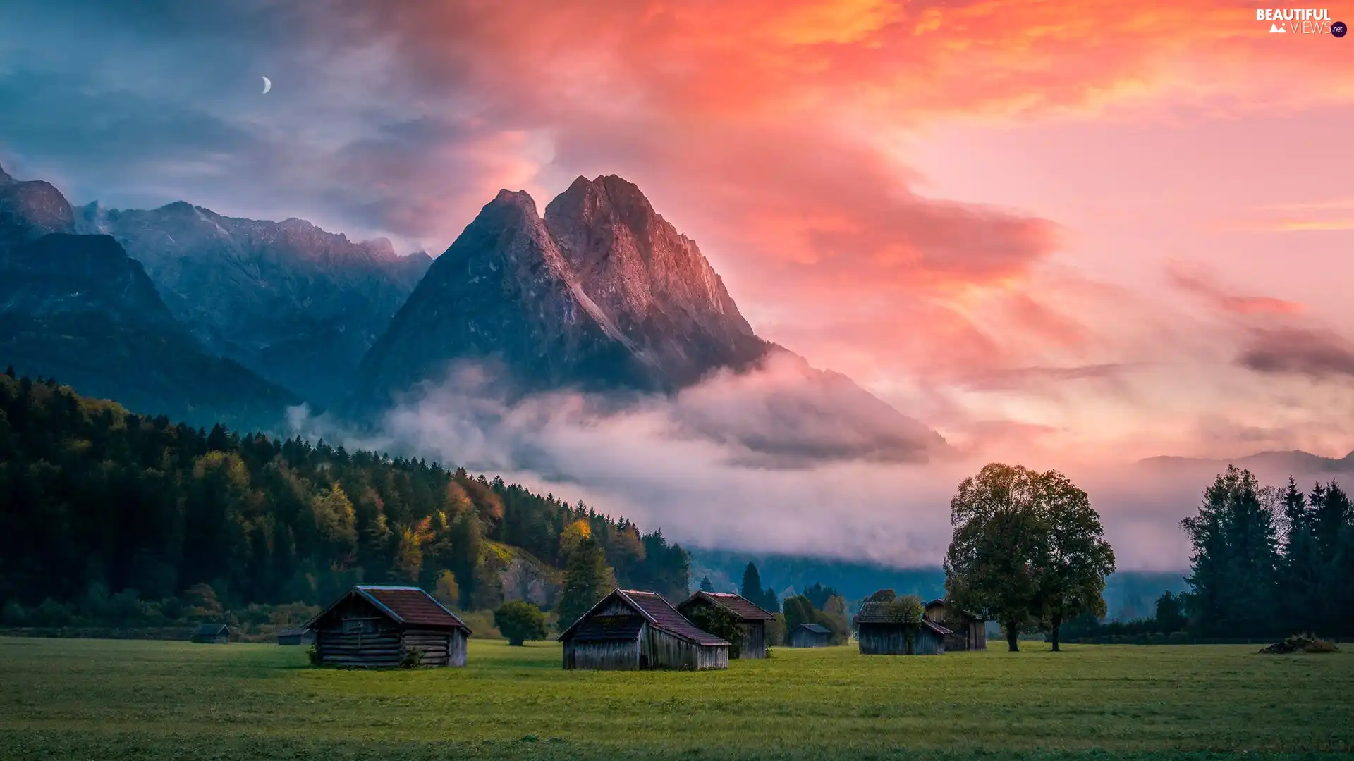 wood, clouds, Houses, forest, Mountains, trees, Great Sunsets, Mittenwald Commune, viewes, Fog, Germany, Bavaria